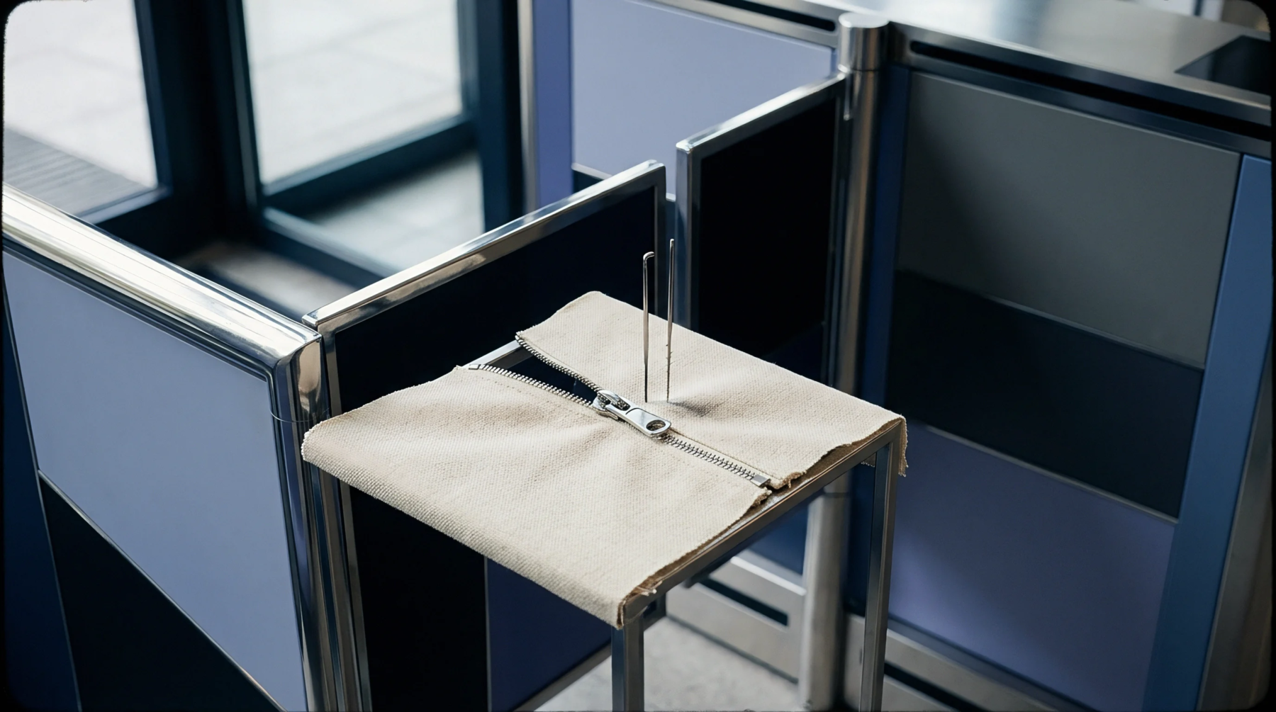 A light-colored fabric textile sample with a partially open metal zipper lies flat on a polished chrome display frame, secured with two metal pins.