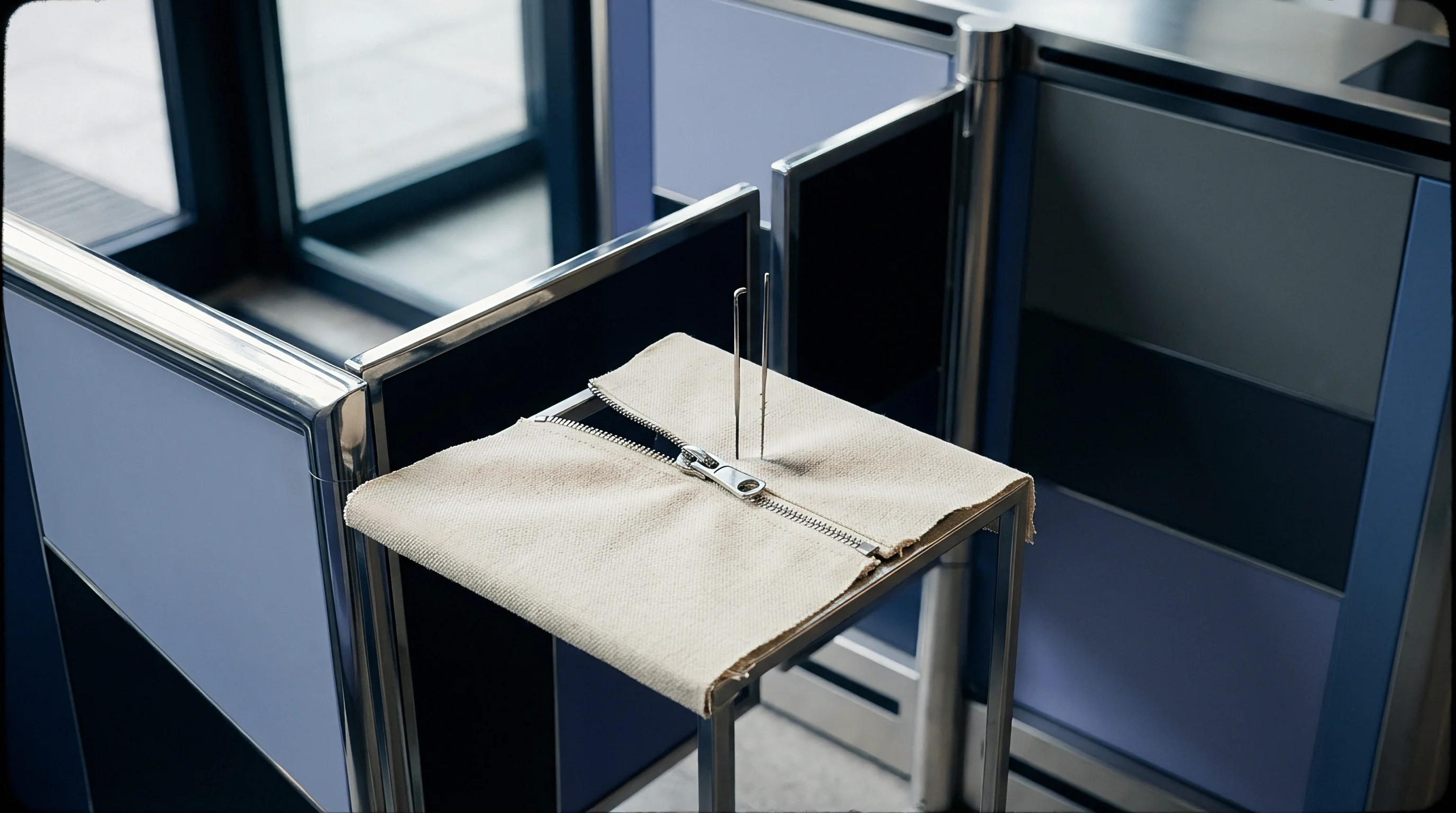 A light-colored fabric textile sample with a partially open metal zipper lies flat on a polished chrome display frame, secured with two metal pins.