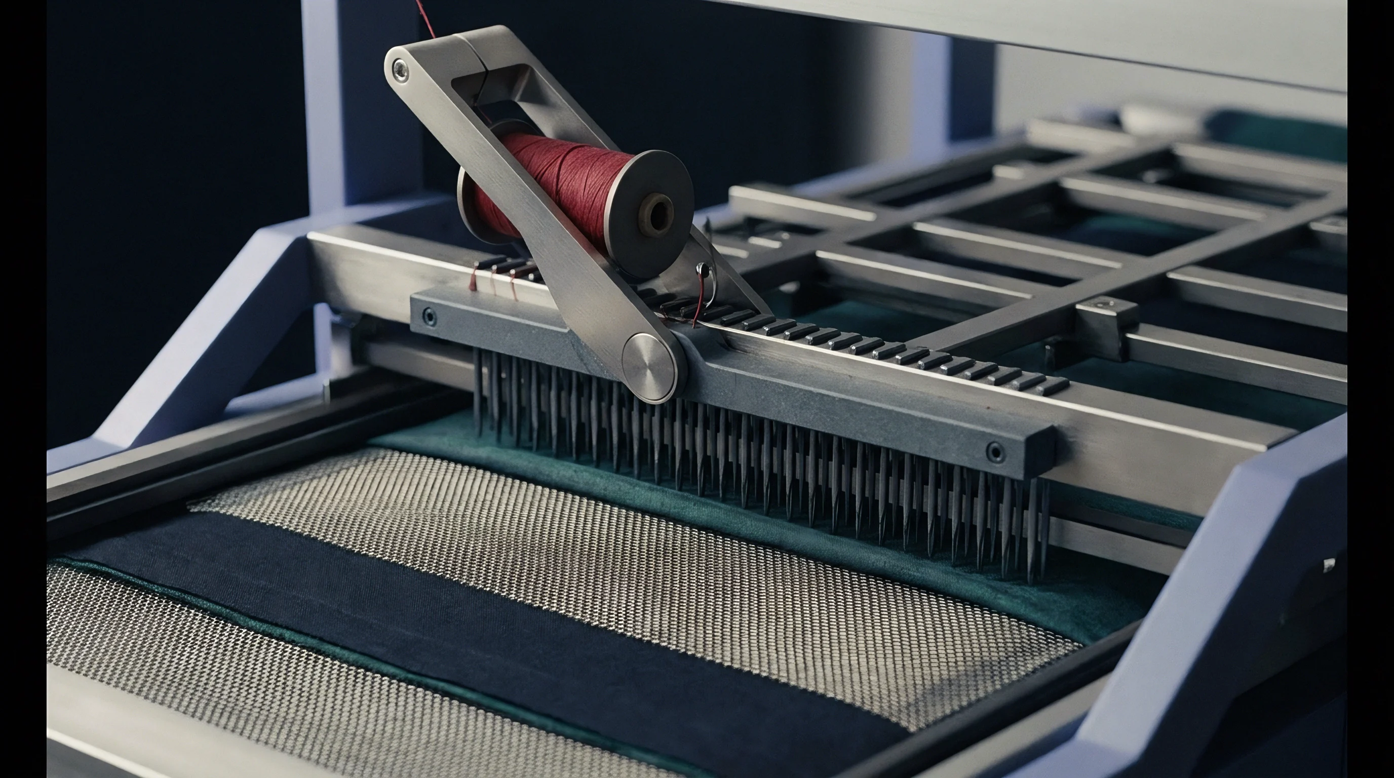 A digital illustration presents a multi-needle stitching carriage feeding red thread into a composite fabric roll on a metallic conveyor frame.