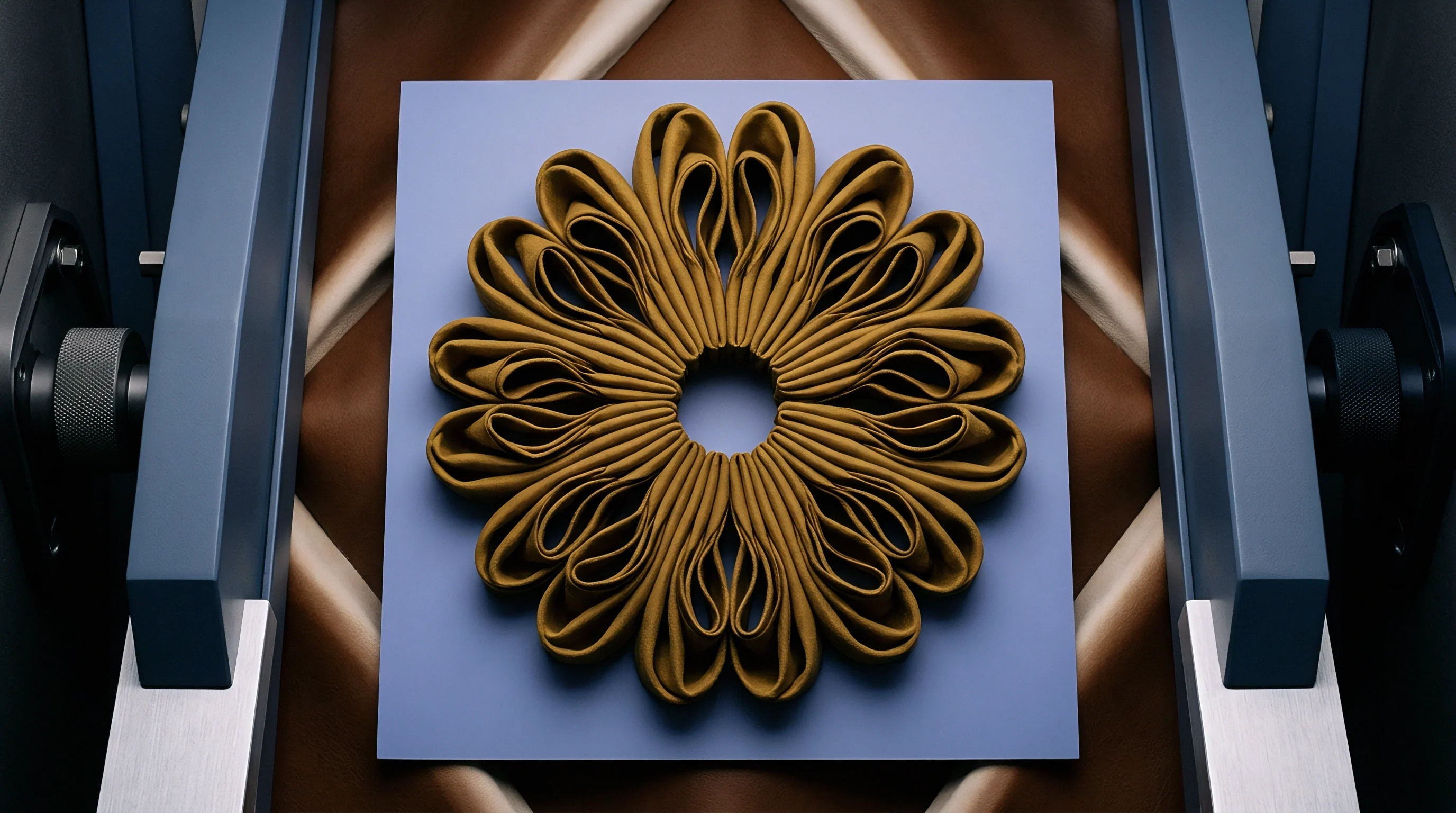 A digital render shows a symmetrical rosette of pleated gold fabric on a blue square platform within a conveyor system.