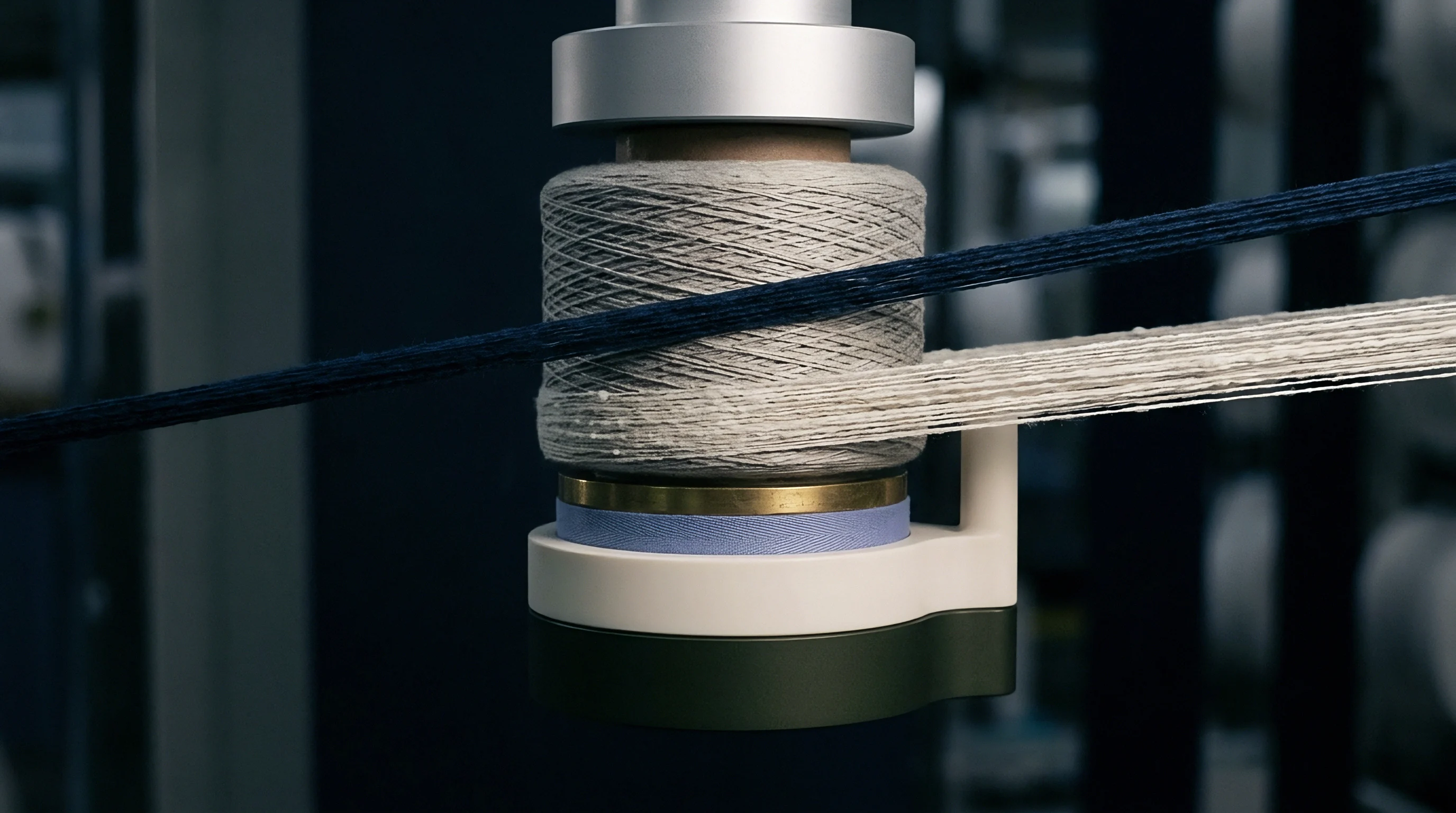 Multiple strands of white and blue yarns feed through an automated winding spindle holding a grey fiber spool in a textile mill.