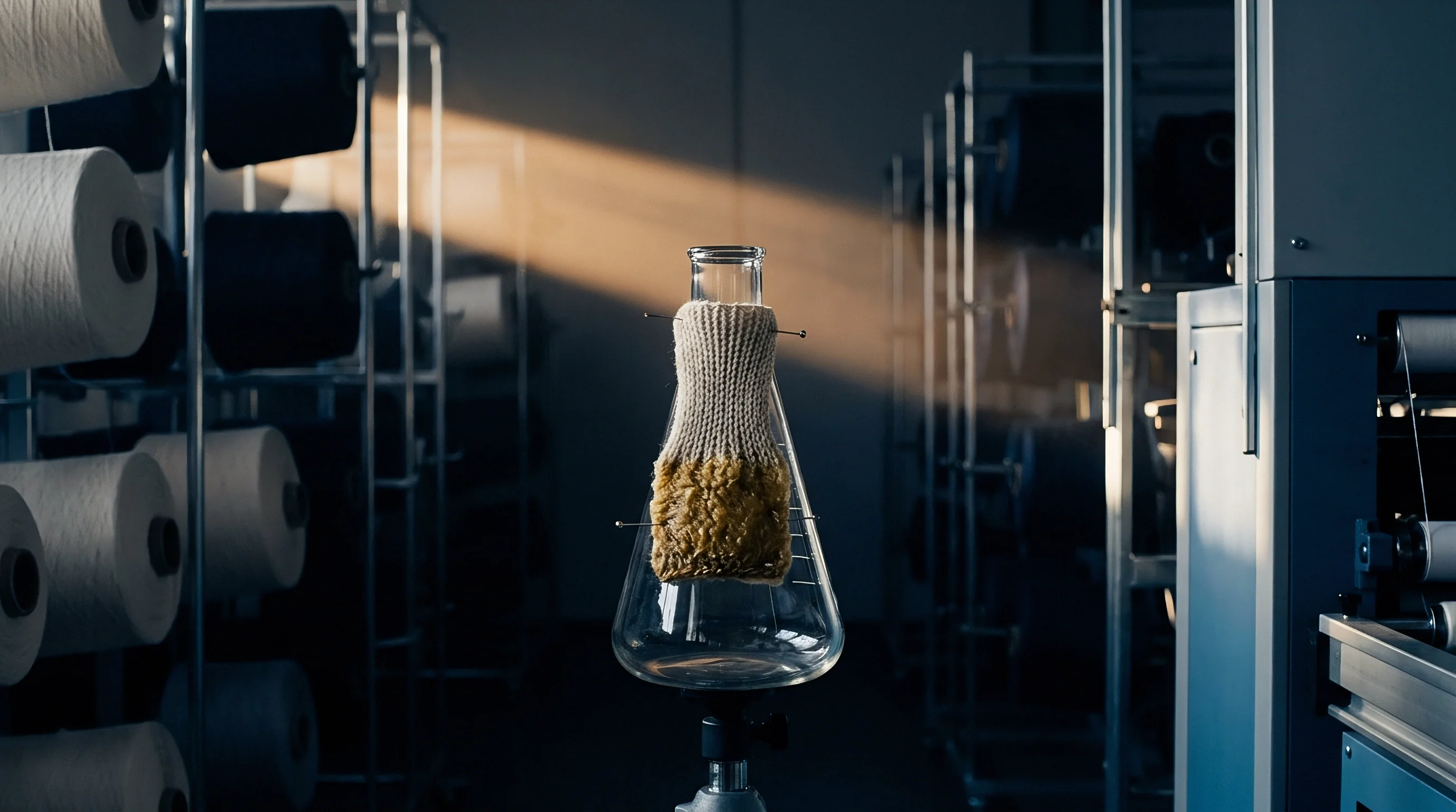 A pinned knit textile sample rests inside a glass flask set within a textile mill surrounded by industrial yarn cones.