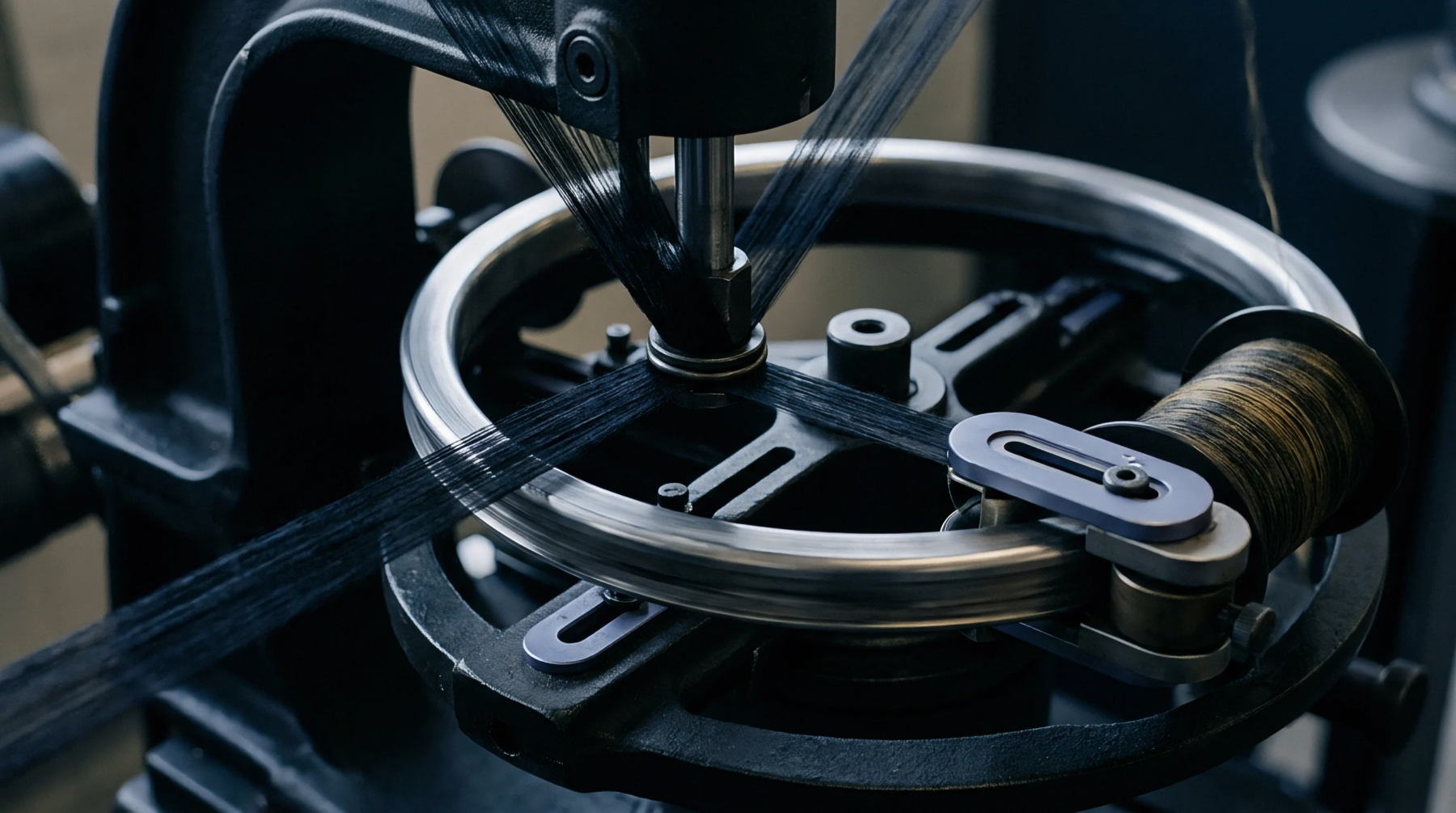 Black synthetic yarns converge through a central guide on a circular metal braiding mechanism to form a structured composite reinforcement.