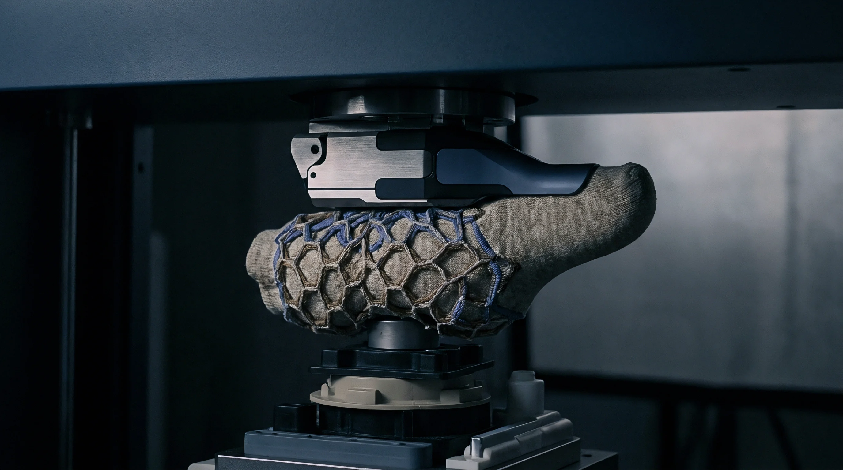 A compression testing machine applies downward pressure to a sock covered in a geometric additive manufactured structural lattice made of synthetic polymer threads.