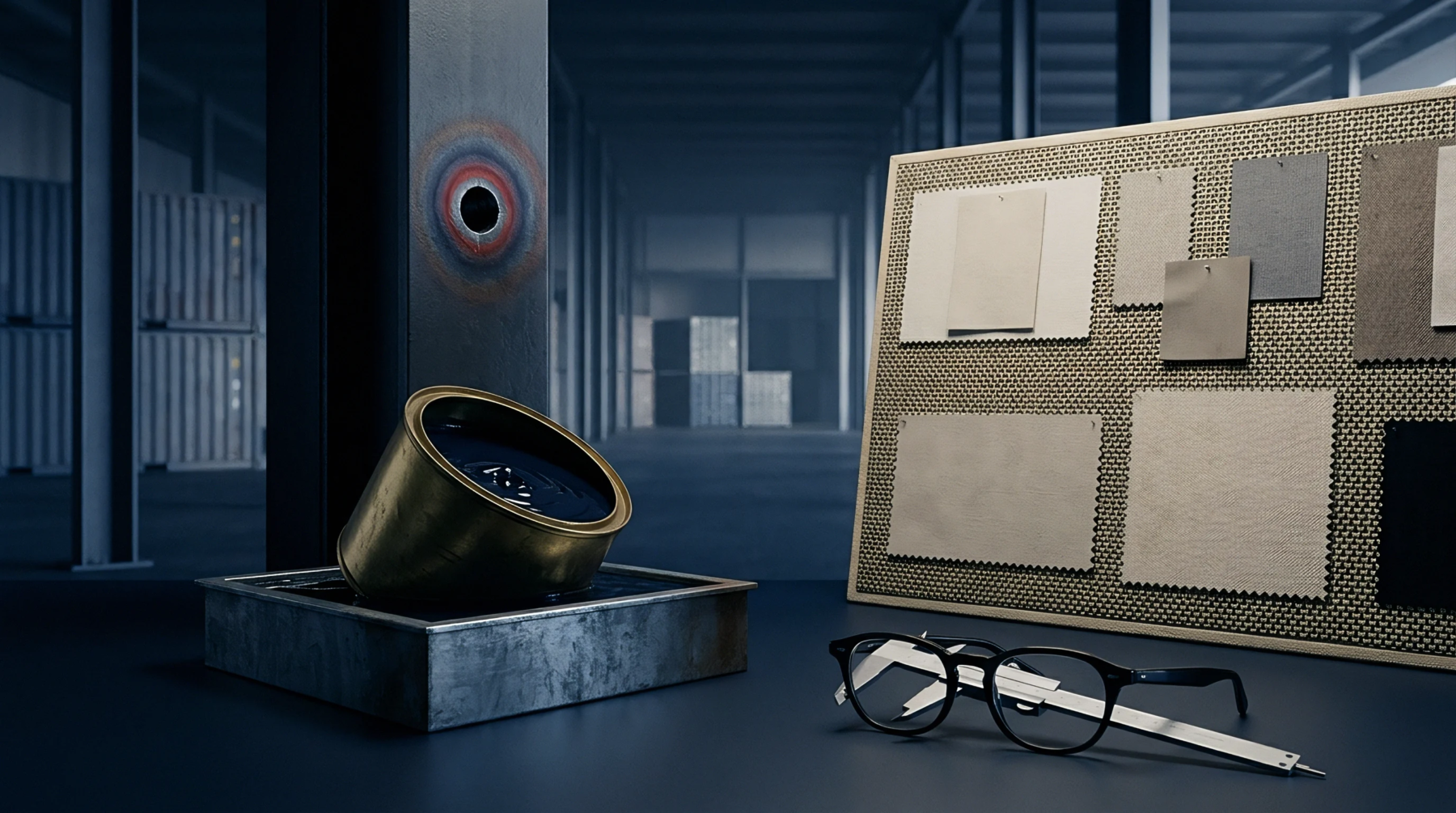 Computer rendered industrial facility interior displays neutral woven fabric swatches pinned near a metal container holding dye liquor.