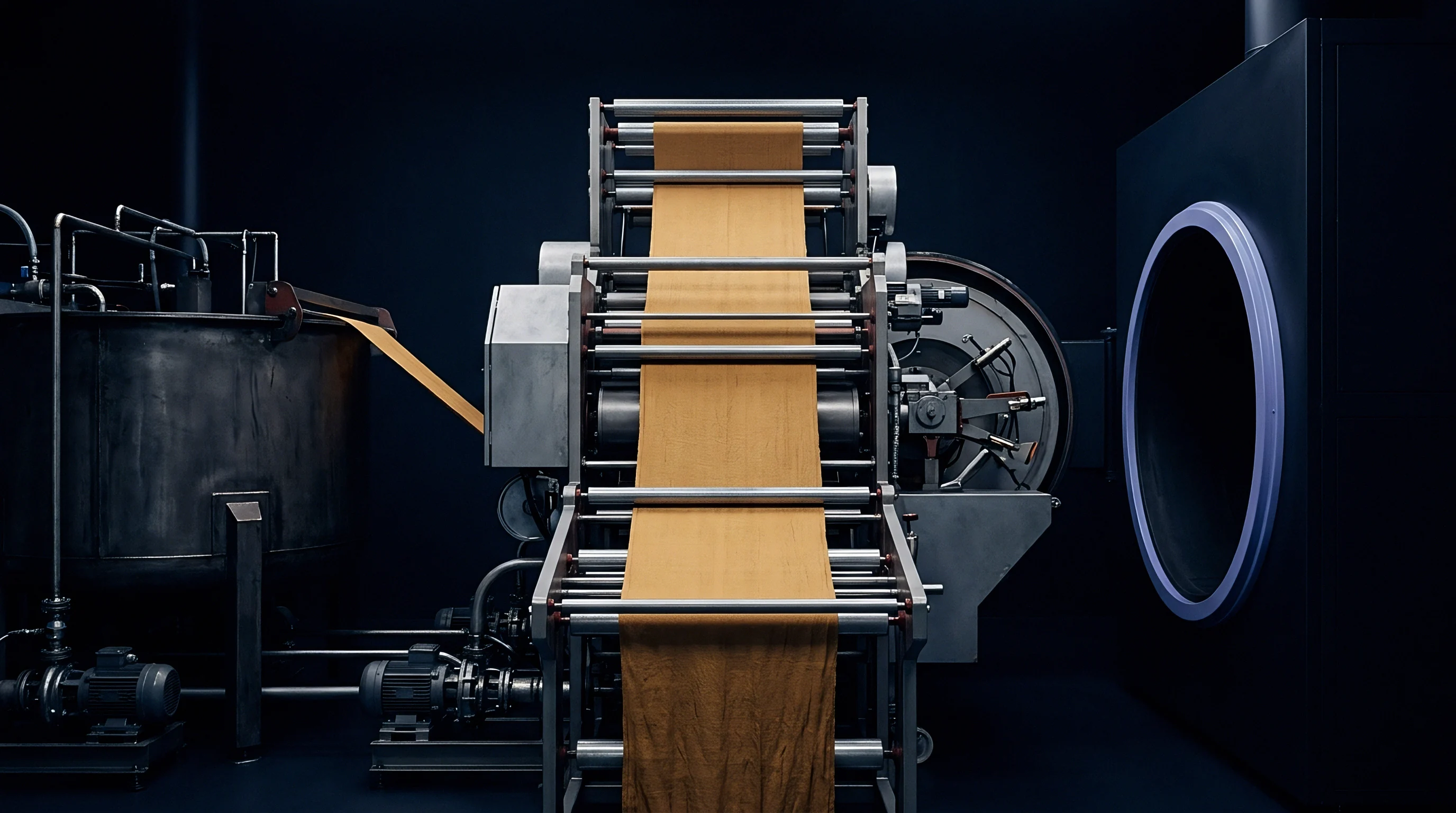 An industrial open width finishing range processes a continuous length of ochre dyed textile through a series of rollers and vats.