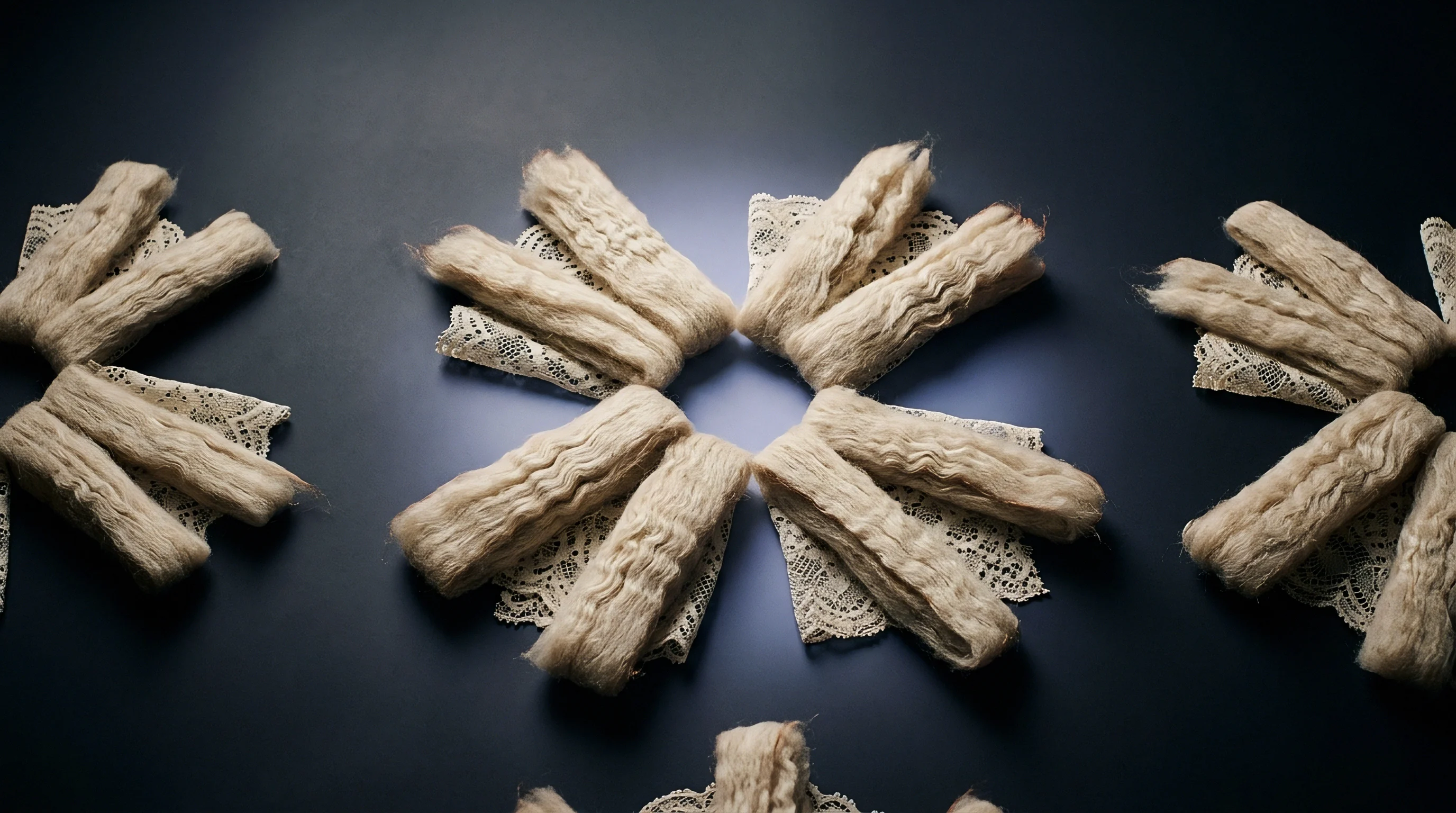 Bundles of crimped wool roving and fragments of patterned lace lie arranged in radial starburst patterns on a dark surface.