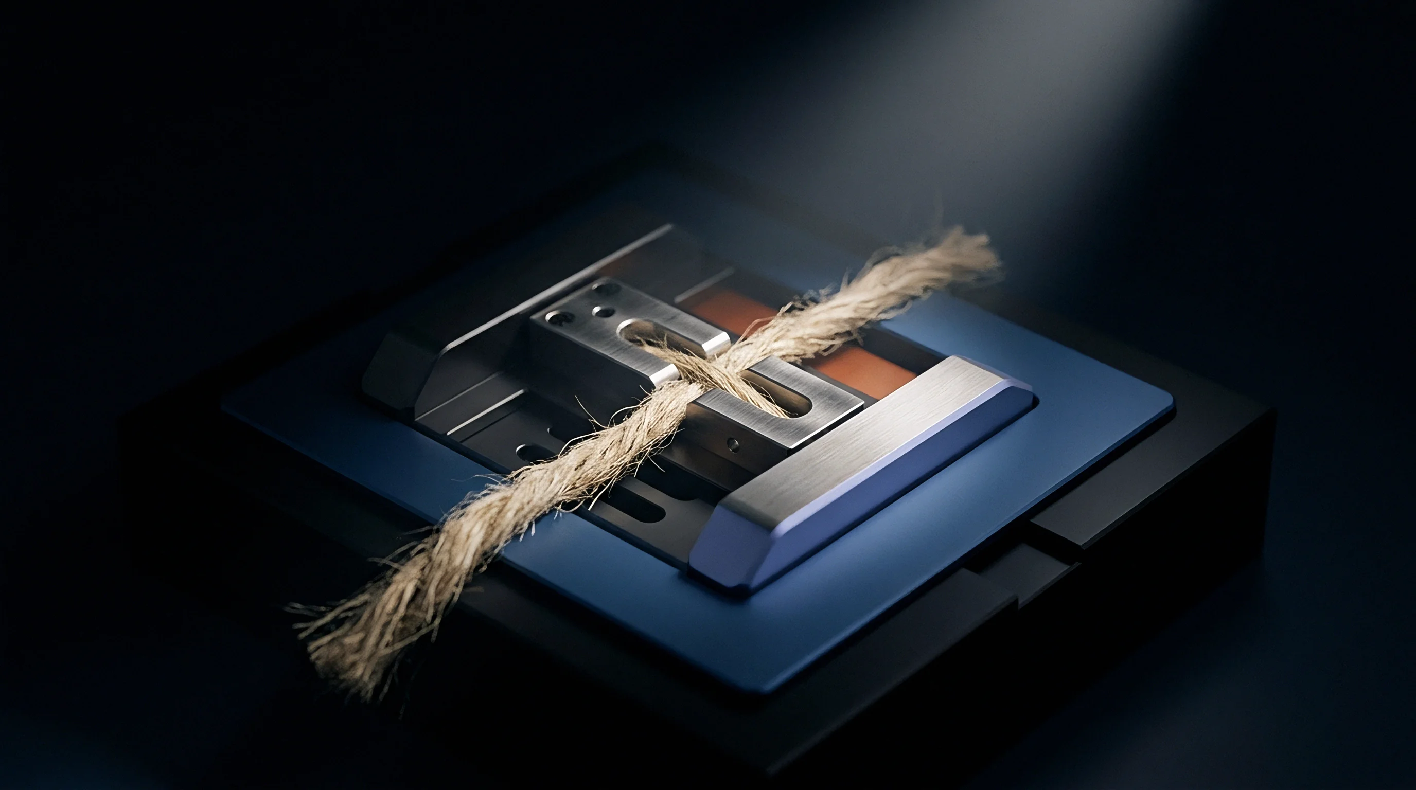 A digital render presents a coarse bast fibre bundle clamped inside the metal fixture of a laboratory material testing instrument.