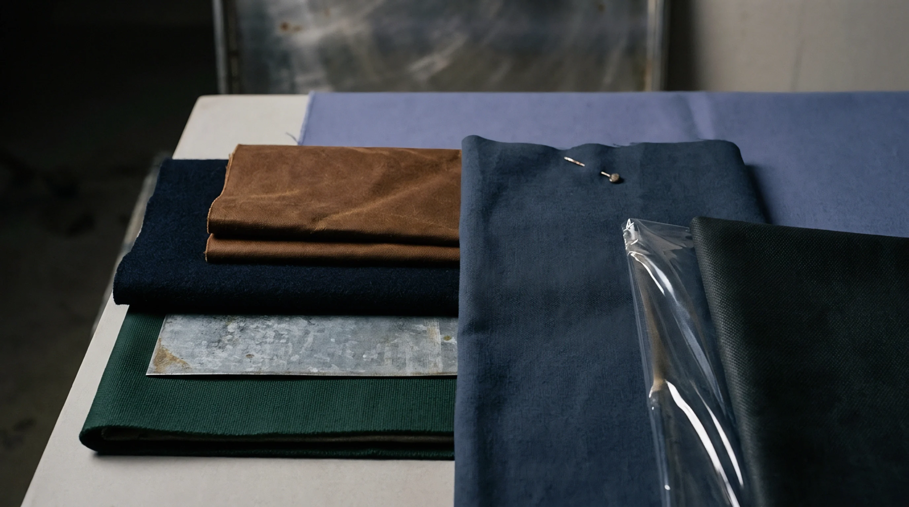 A collection of folded woven textiles in various colors are stacked with a metal sheet and a plastic-covered technical fabric on a light workbench.