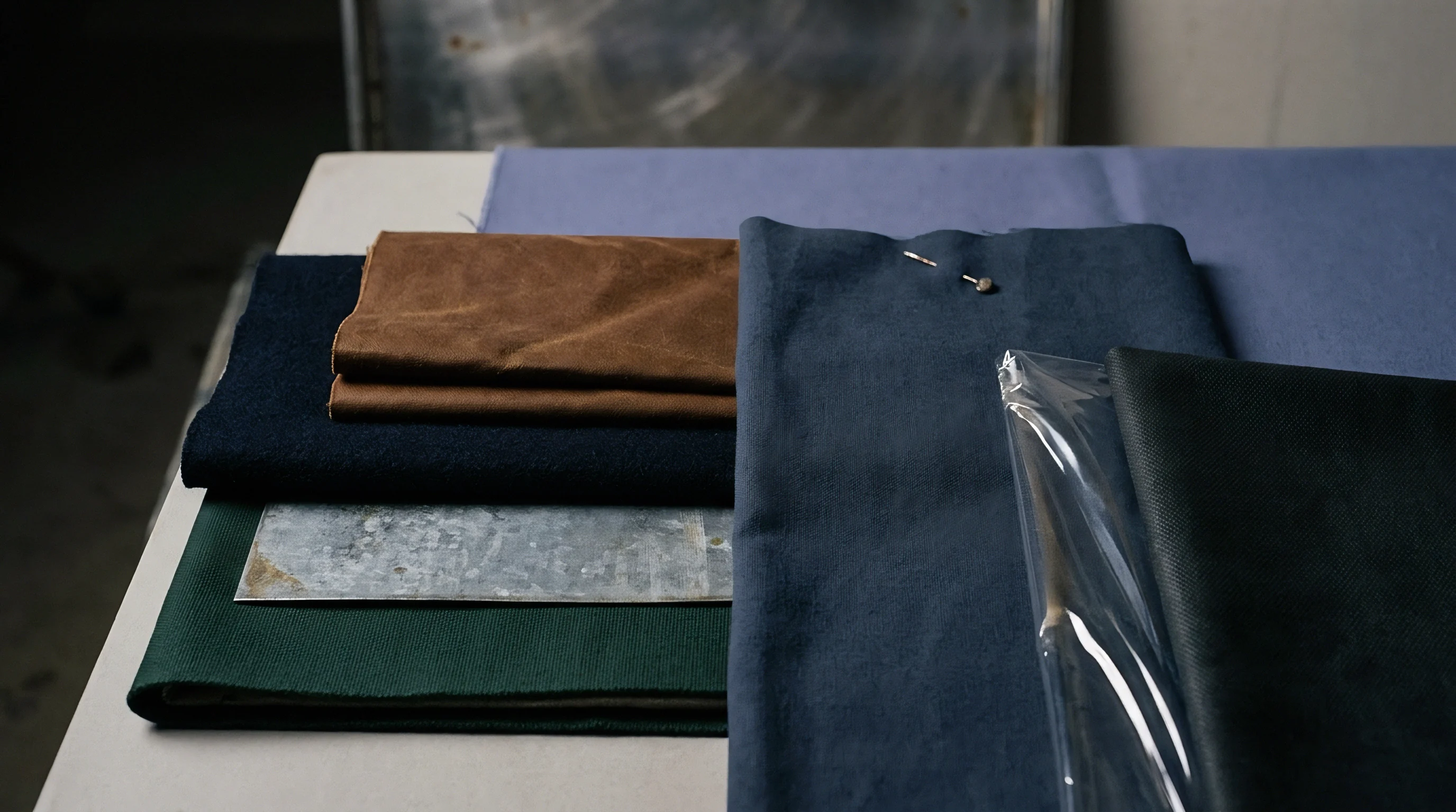 A collection of folded woven textiles in various colors are stacked with a metal sheet and a plastic-covered technical fabric on a light workbench.