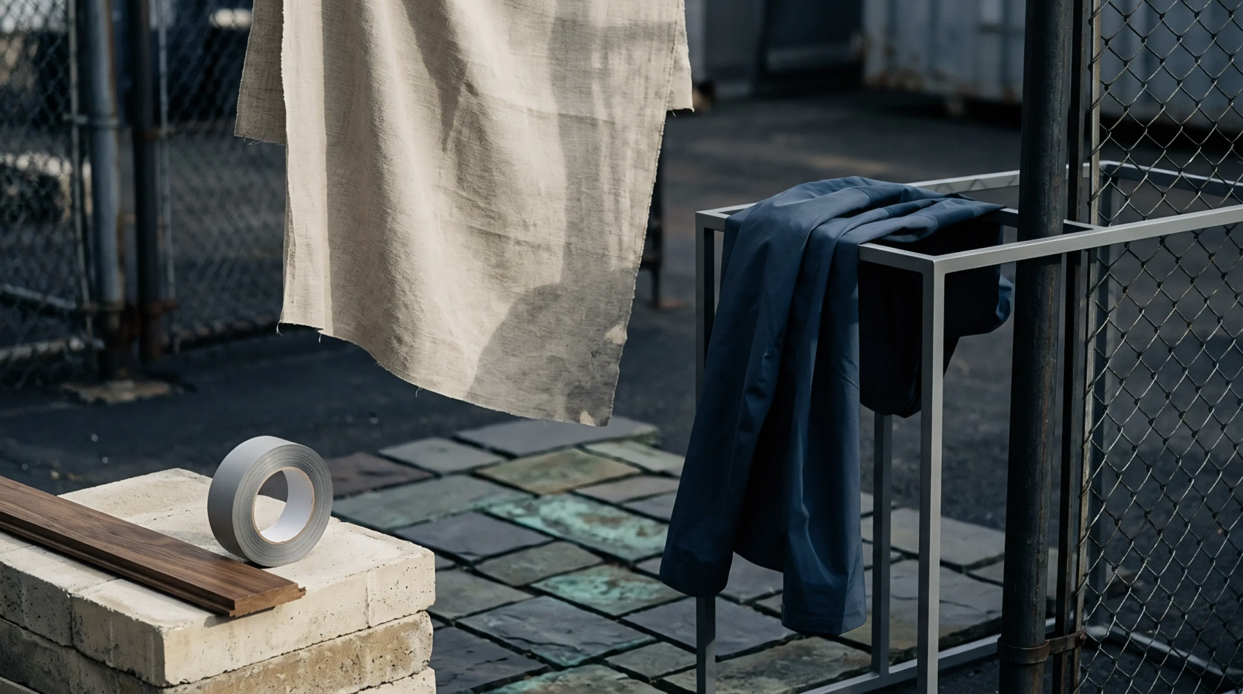 A light natural fiber textile hangs beside a dark blue finished apparel item draped over a modular metal rack outdoors.