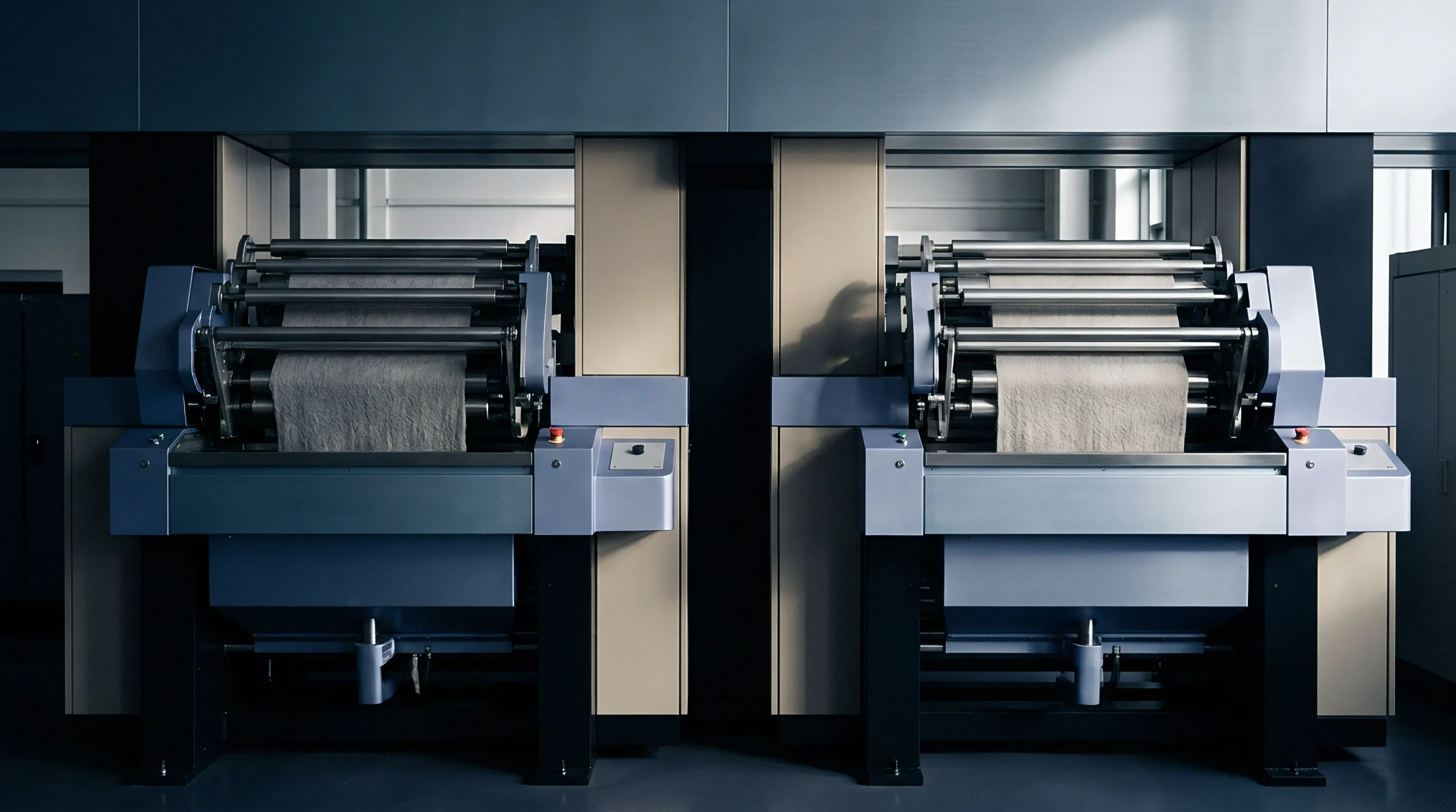 Two parallel industrial textile finishing machines process woven fabric webs under uniform mechanical tension within a manufacturing plant.