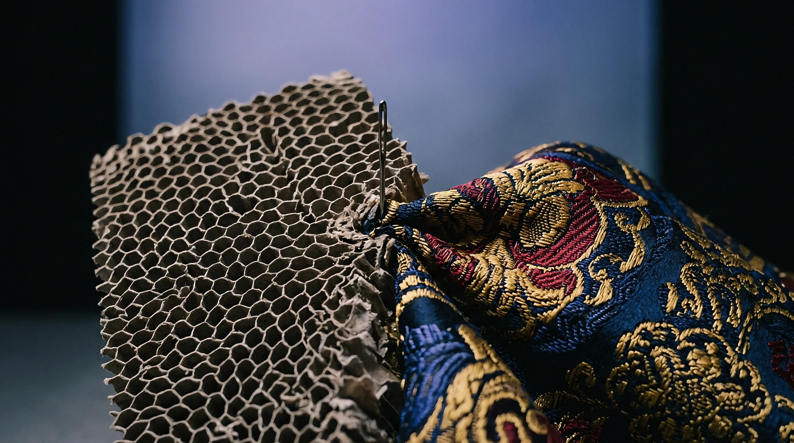 A sewing needle punctures a richly patterned textile and an expanded paper honeycomb core, joining the two dissimilar materials.