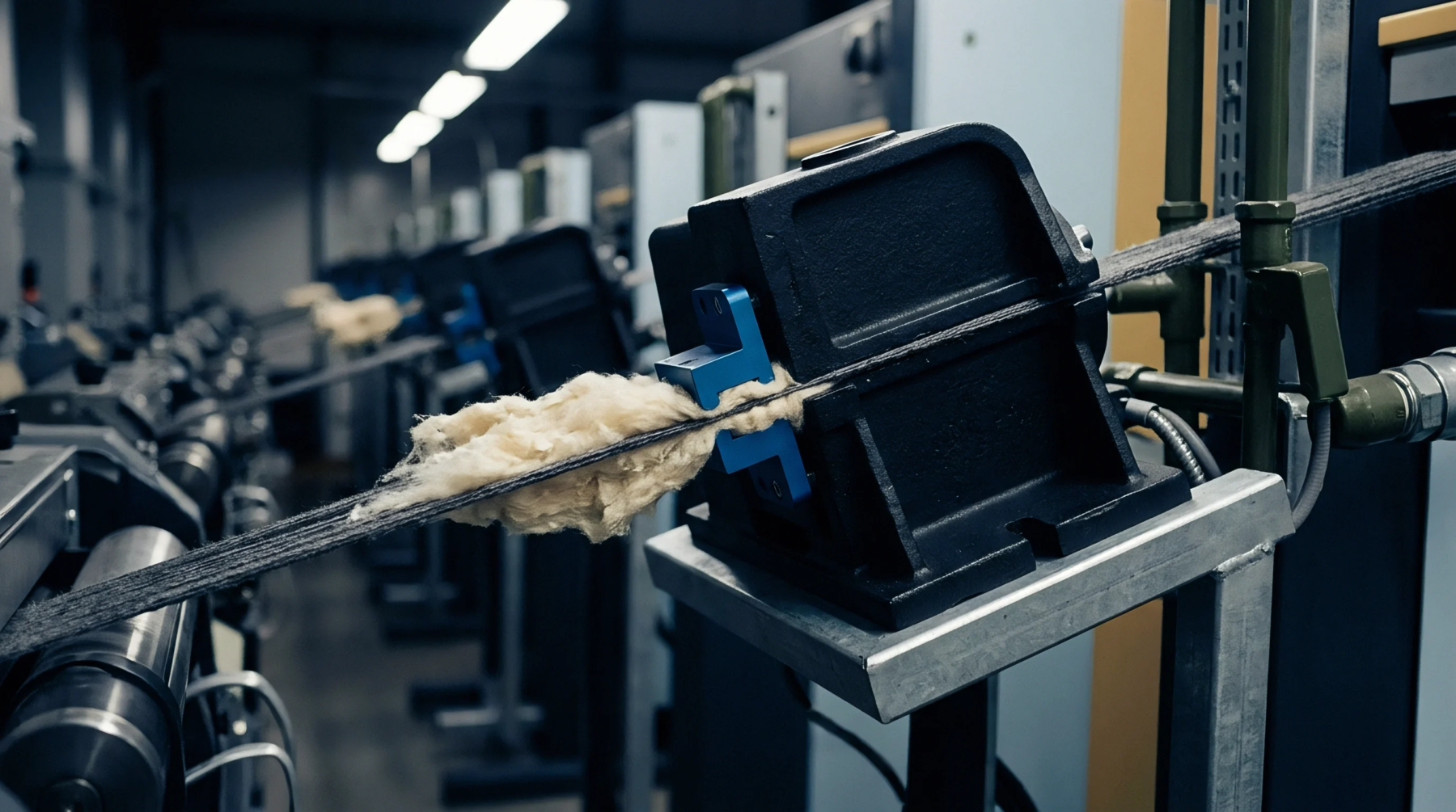 Raw staple fiber travels through the metal nozzle of an industrial textile drawing machine on a manufacturing floor.