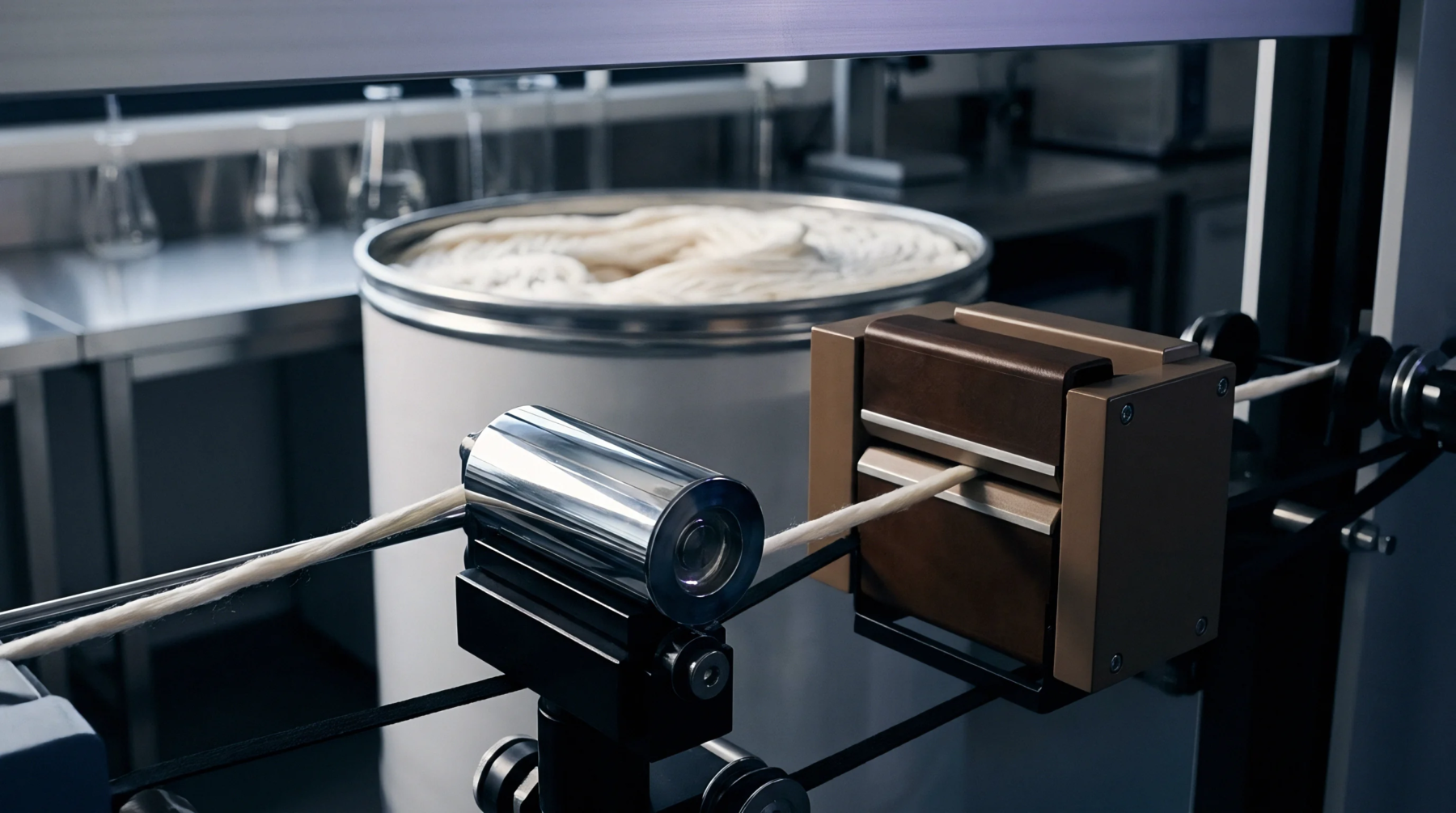 A textile machine processes a continuous strand of off-white fiber, called sliver, for yarn production, with a large fiber container visible in the background.