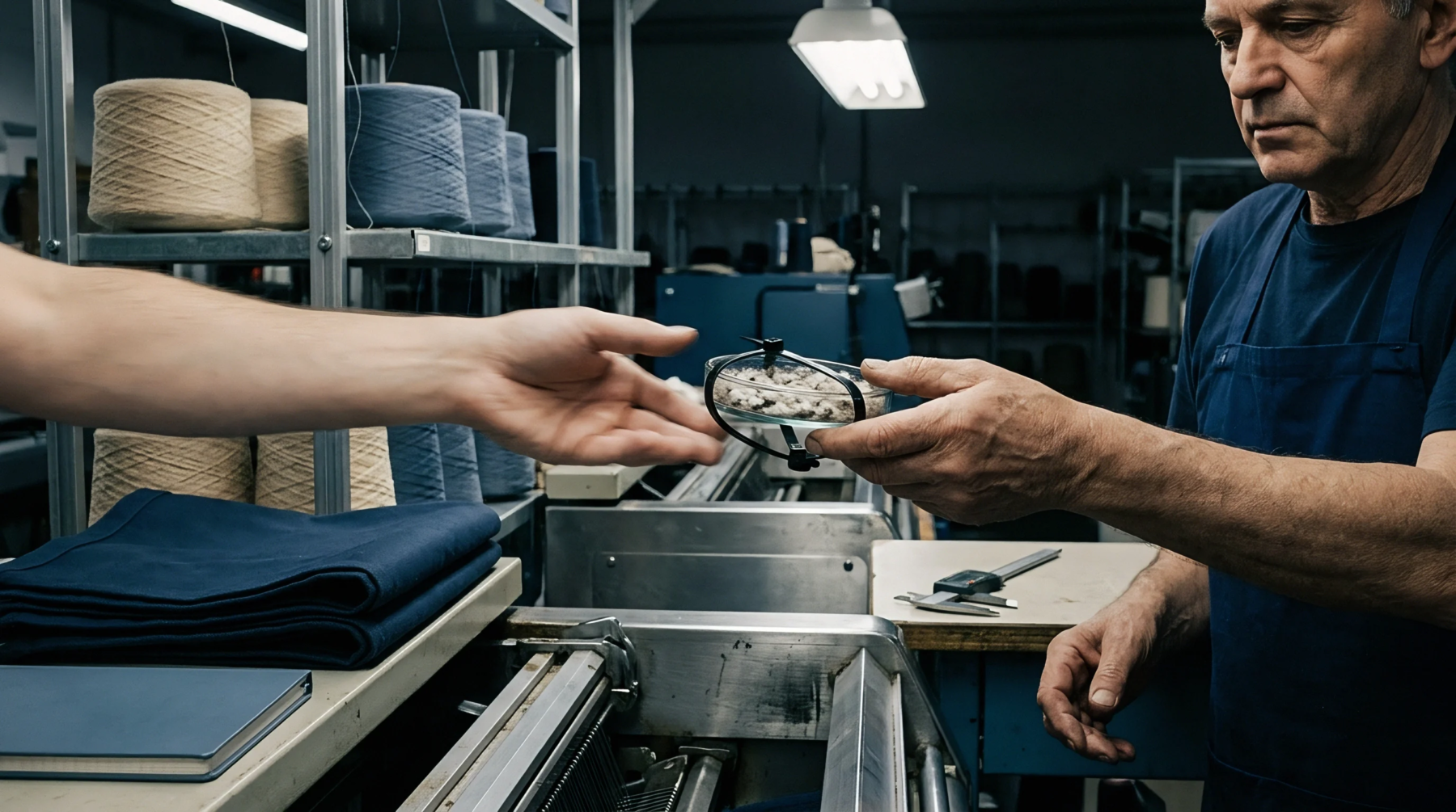 A technician hands a petri dish containing raw fiber samples to an associate inside a textile production facility near rows of yarn spools.