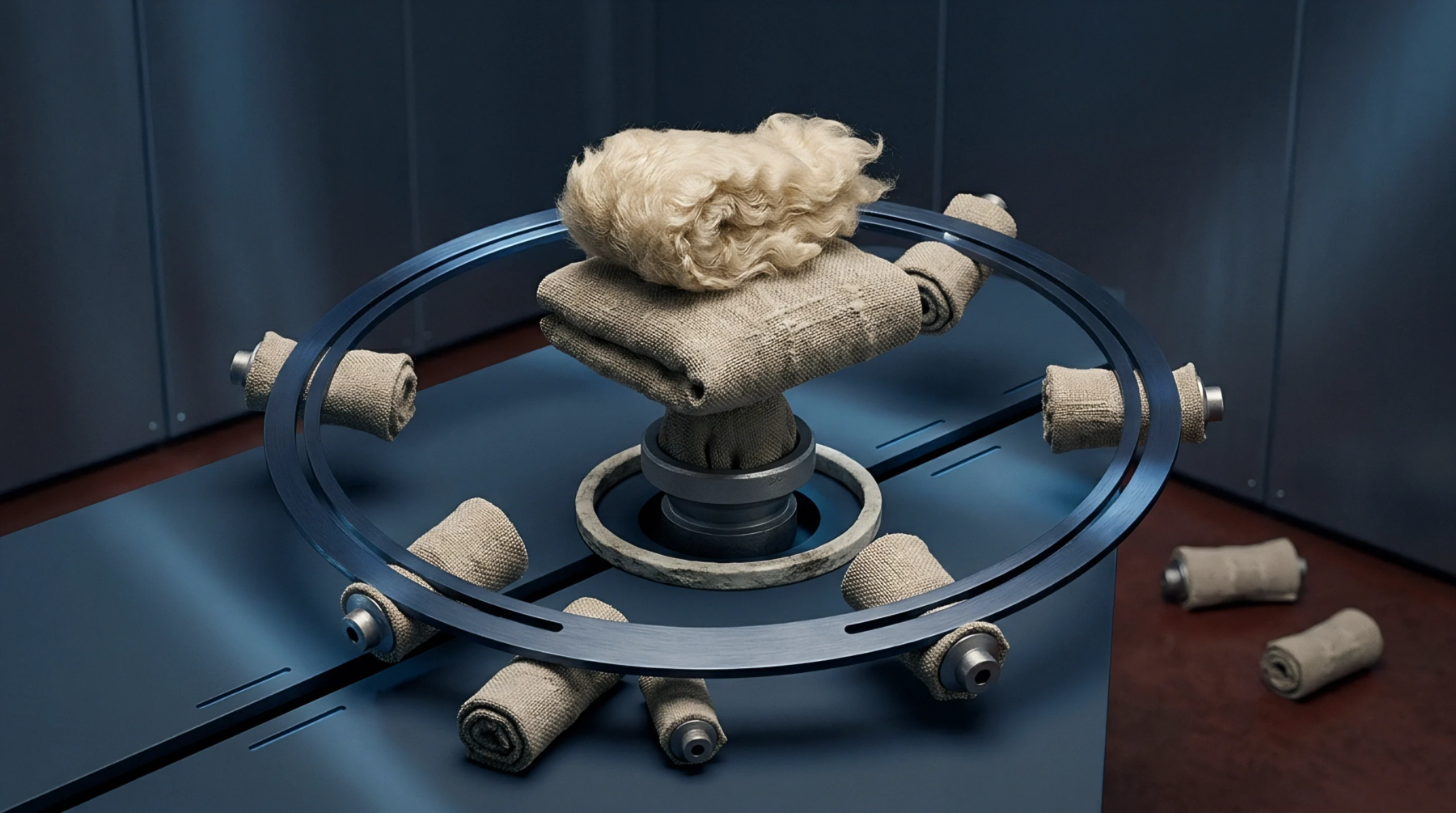 This staged render shows a tuft of raw fiber and folded coarse textiles mounted on an industrial apparatus surrounded by fabric rolls.