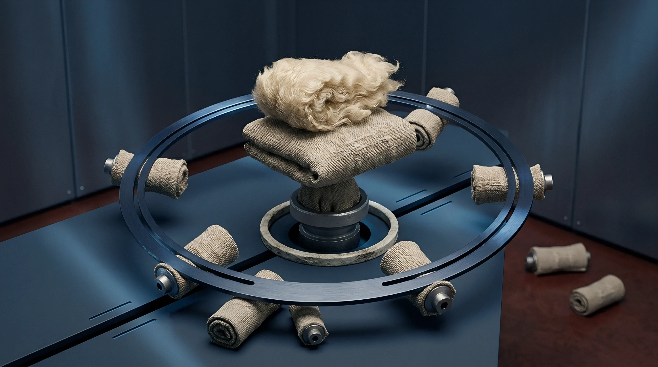 This staged render shows a tuft of raw fiber and folded coarse textiles mounted on an industrial apparatus surrounded by fabric rolls.