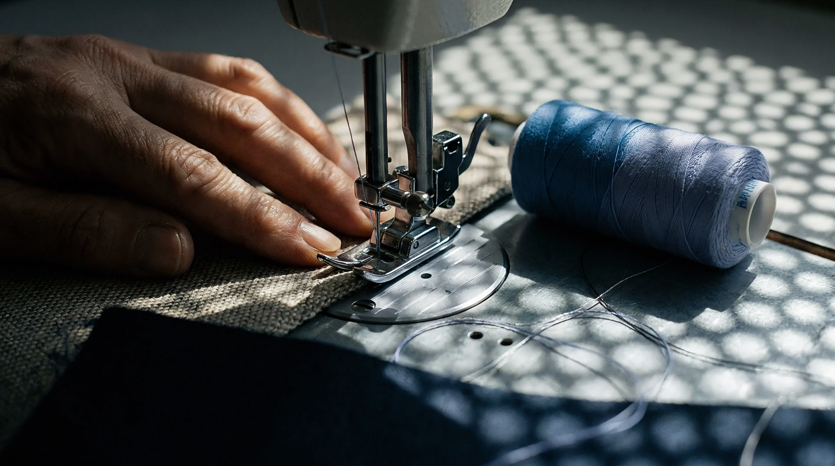 An operator guides coarse linen fabric under the presser foot of a sewing machine next to a spool of blue thread.