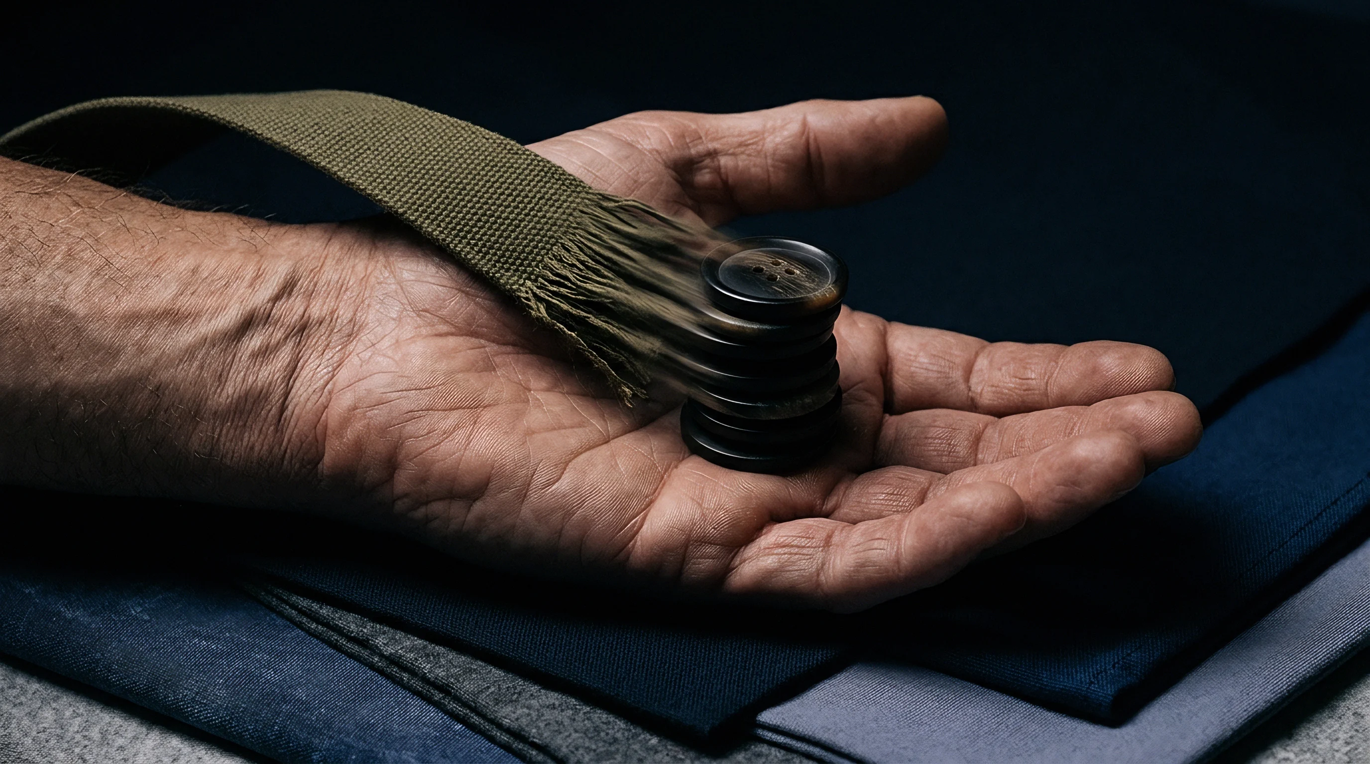 A human palm cradles a stack of dark shank buttons linked to a frayed woven strap above layered textile swatches.