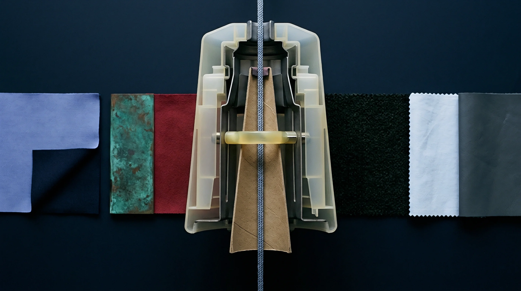 A physical cutaway of a plastic and metal rope gripper is centered among horizontal samples of technical fabrics and textiles.