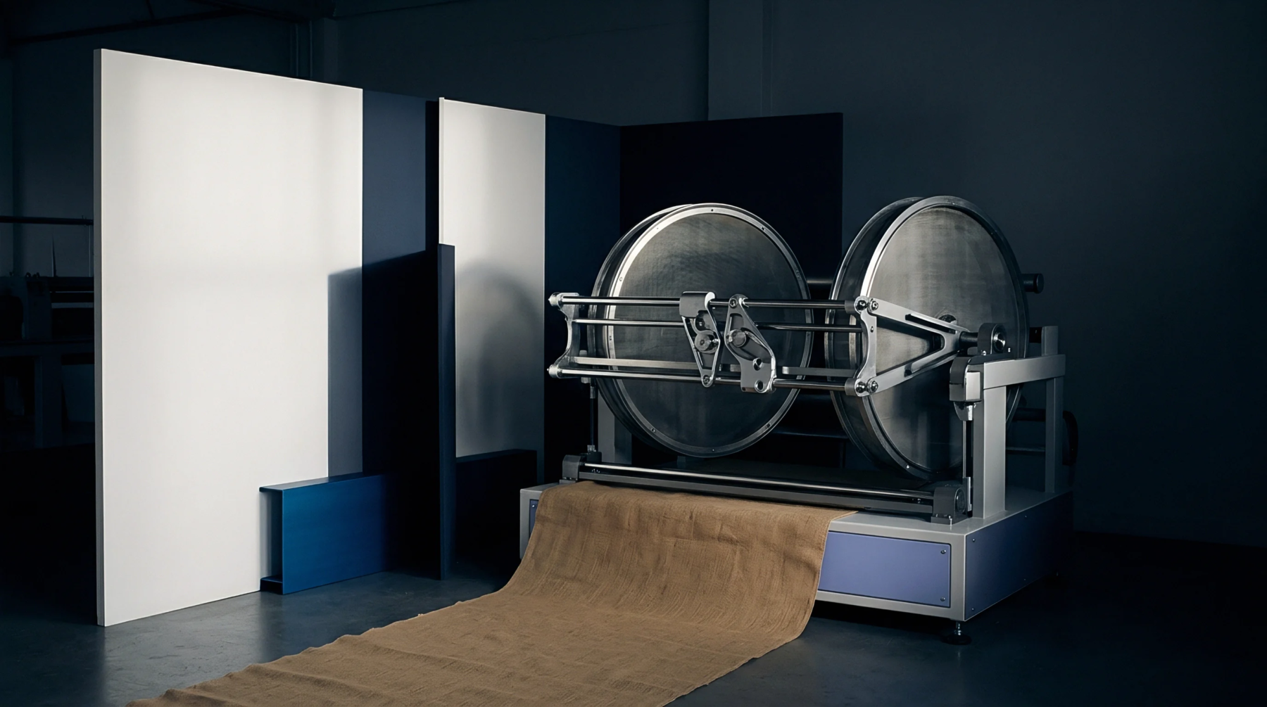 Heavy industrial machinery featuring dual stainless steel cylinders processes a continuous web of coarse natural fibre fabric inside a manufacturing facility.