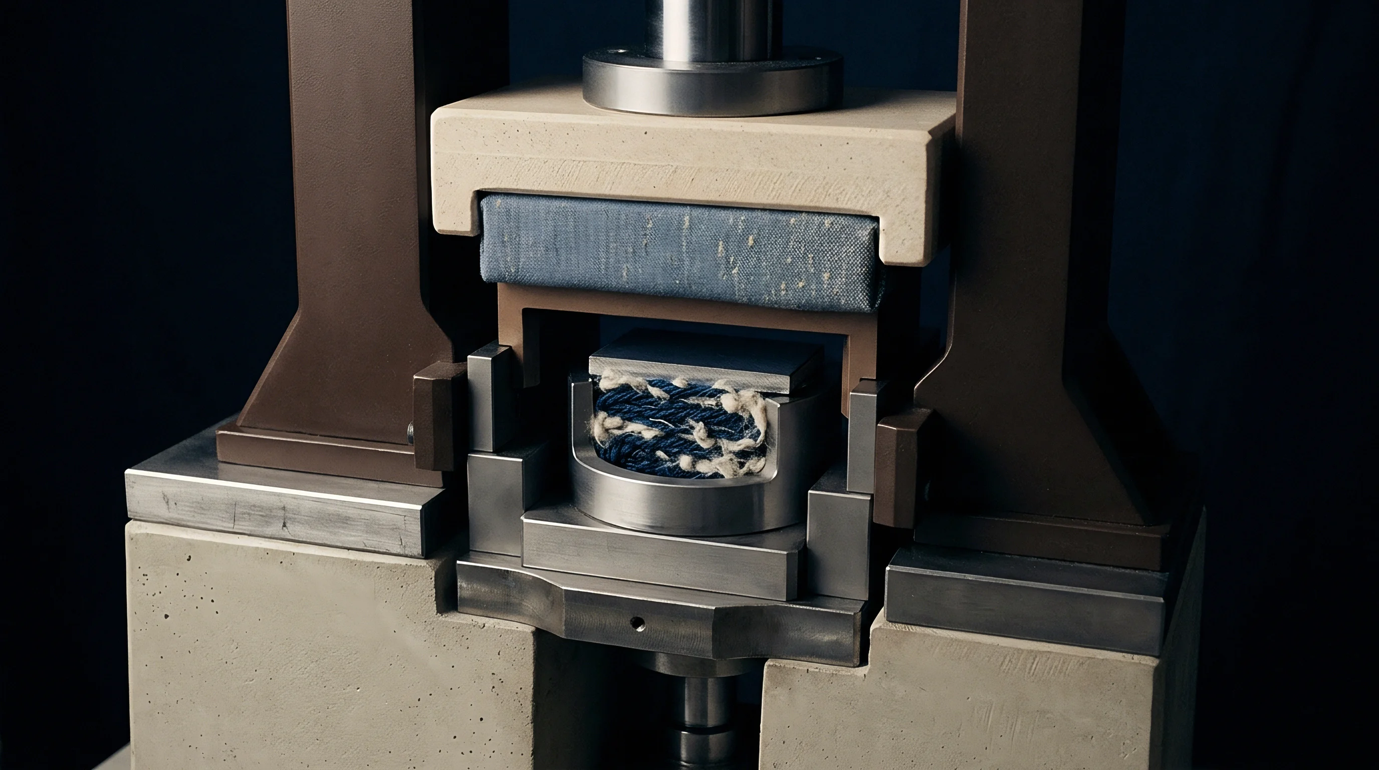 Hydraulic apparatus compresses a tightly folded indigo denim swatch within a metal sample holder to evaluate material deformation and structural resistance under vertical load.