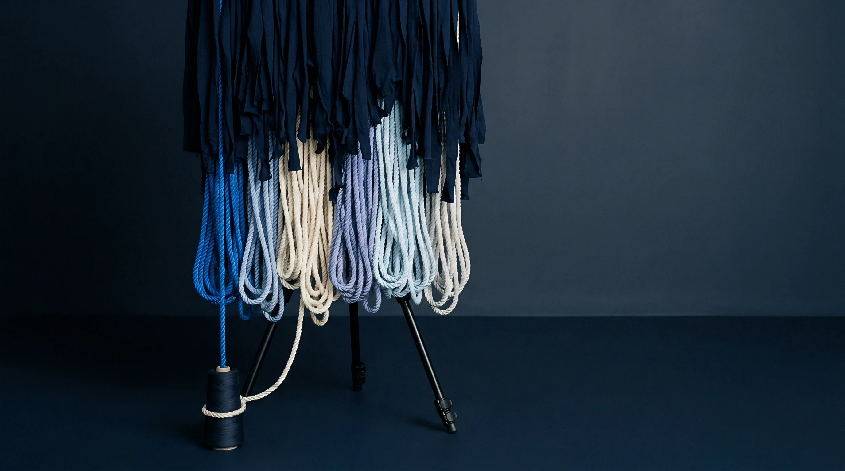 Indigo dyed cotton bundles and cream yarn hanks hang from a tripod stand against a dark blue studio wall and floor.