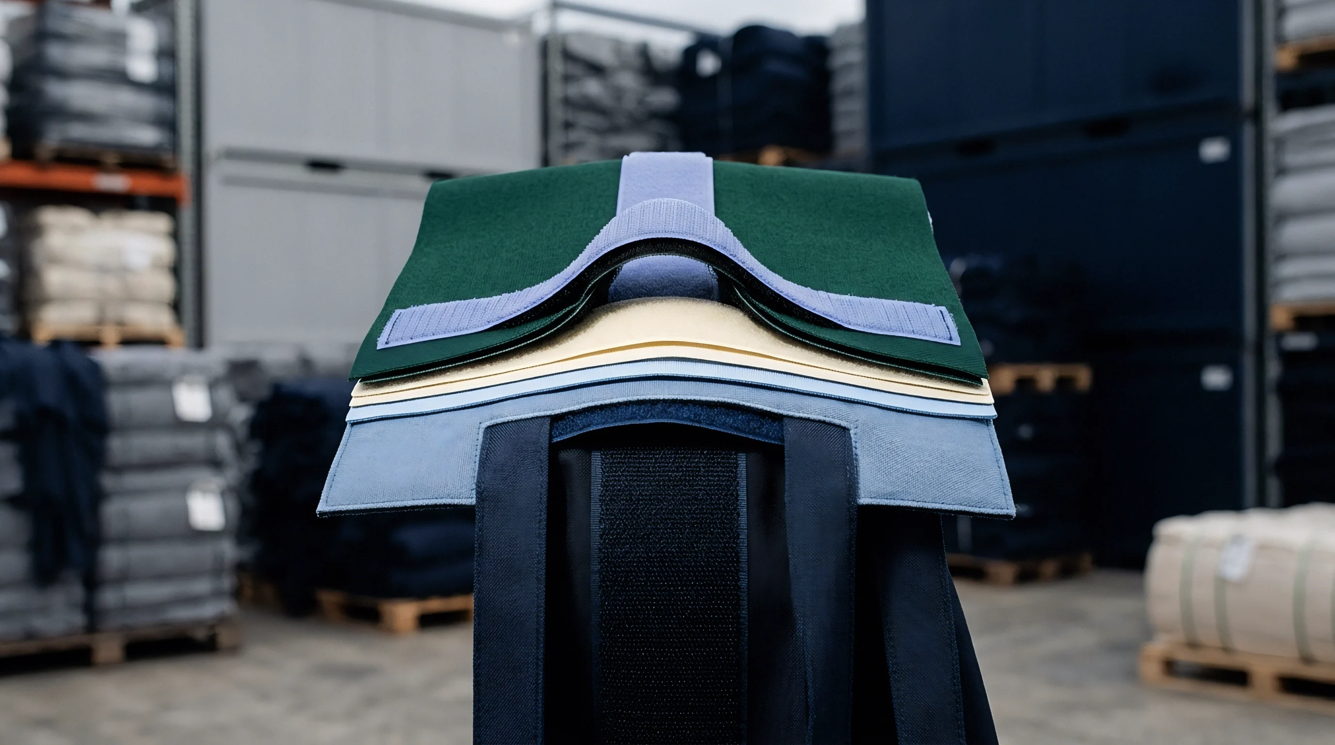A stack of varying textile layers in green and blue hues sits balanced upon a central support structure within a large industrial warehouse storage facility.