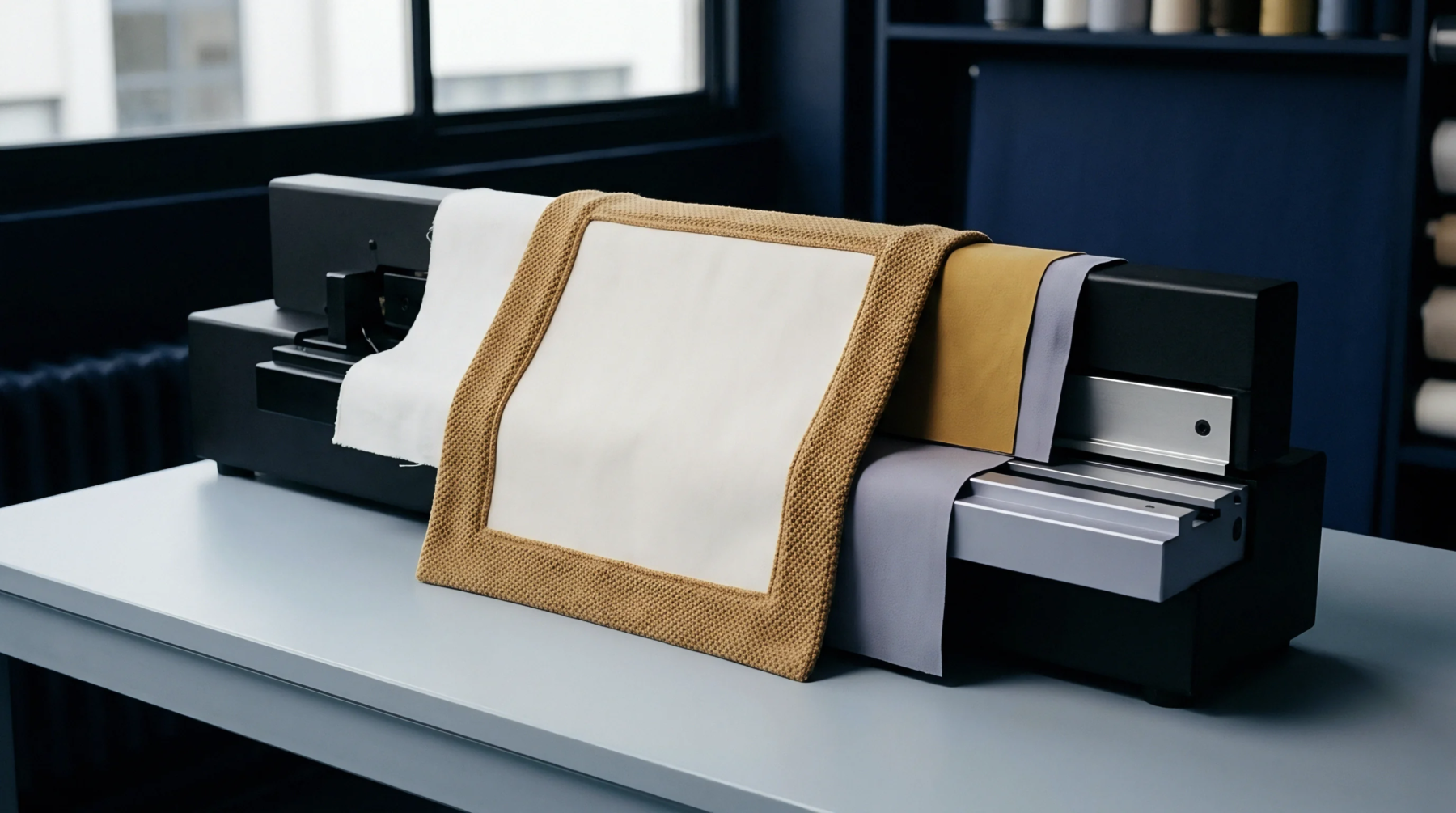 Industrial machinery holds layered textile samples including a textured beige bordered swatch and solid flat panels for standardized material evaluation in a production facility.