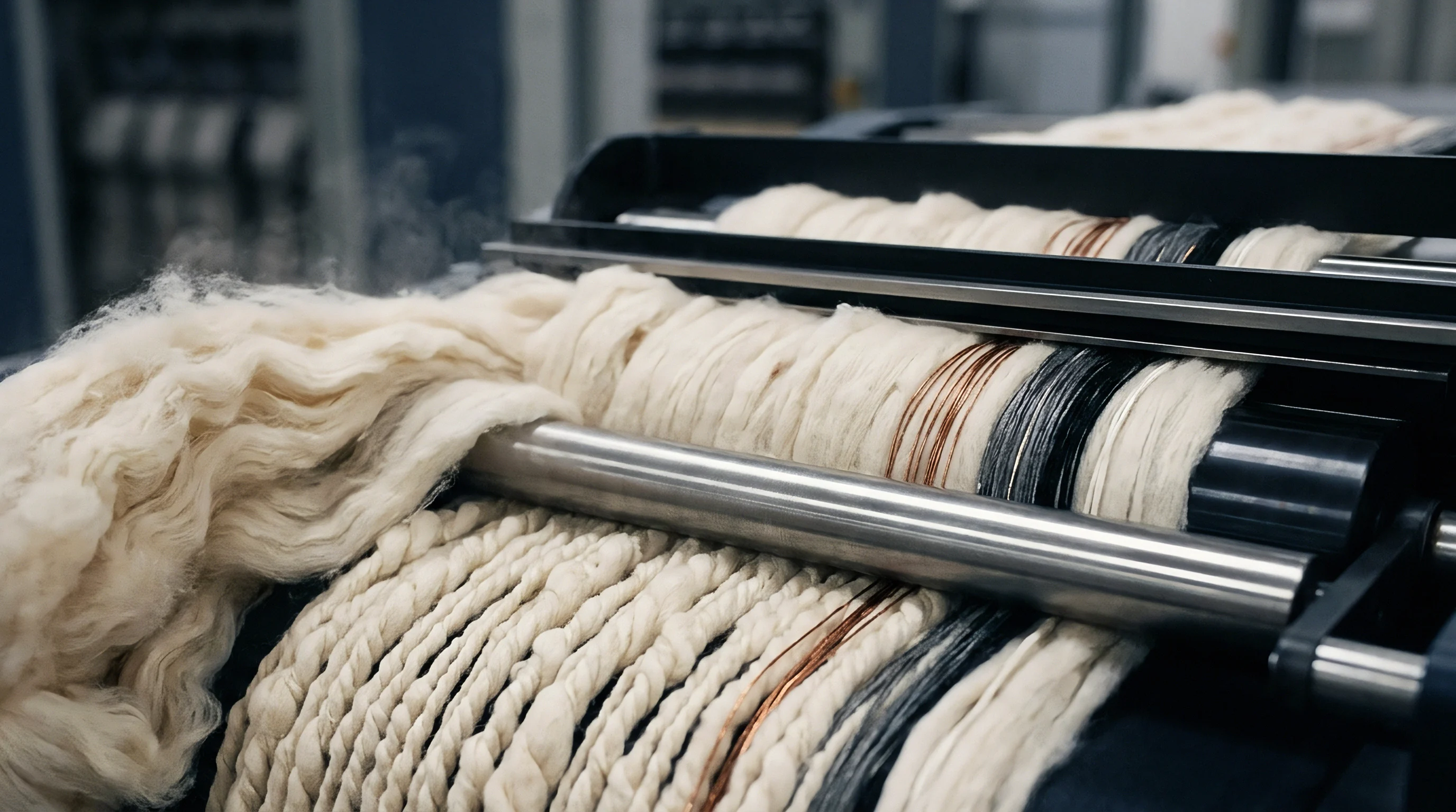 Raw staple fibers feed through heavy industrial metal rollers into parallel strands inside a yarn manufacturing facility.