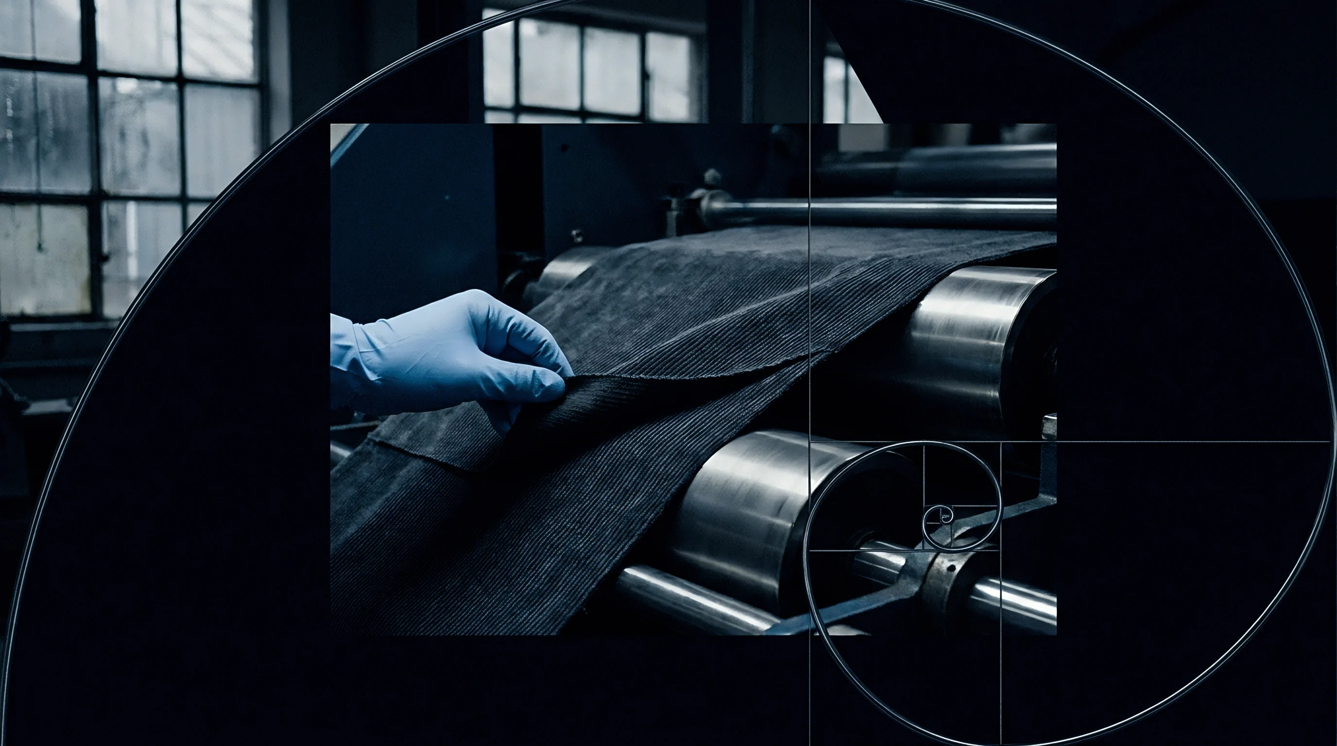 A blue gloved hand touches dark ribbed technical textile passing through metal rollers in an industrial factory with large windows.