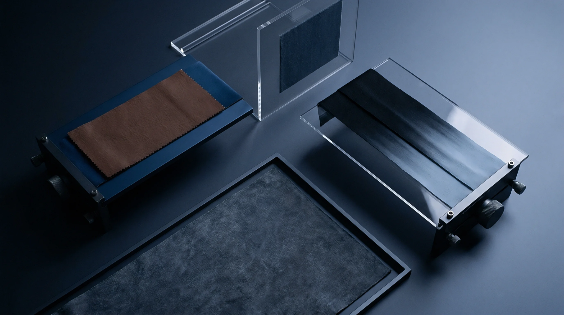 Fabric swatches in various textures rest on industrial laboratory test fixtures designed for precision evaluation within a textile development production environment.