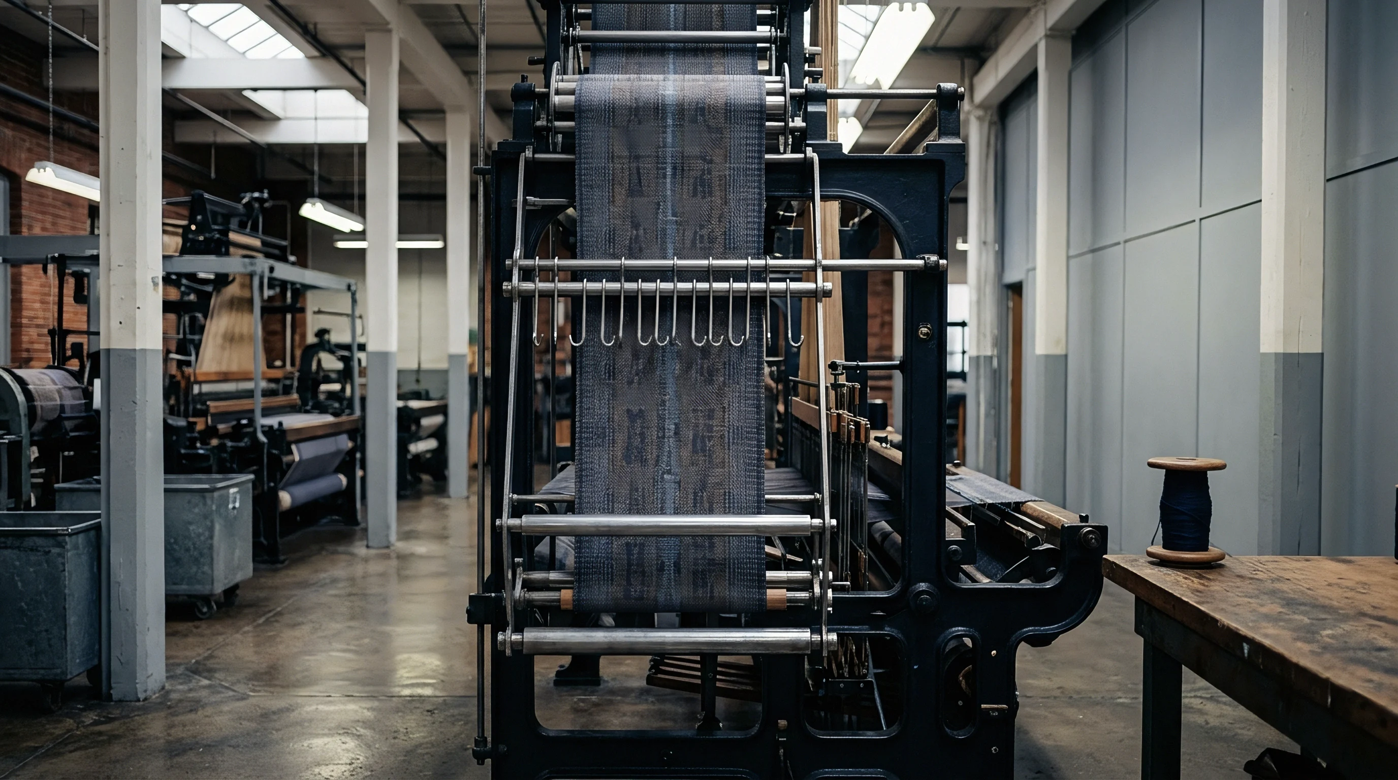 Heavy mechanical weaving machinery processes continuous patterned fabric rolls inside an industrial textile production facility floor.