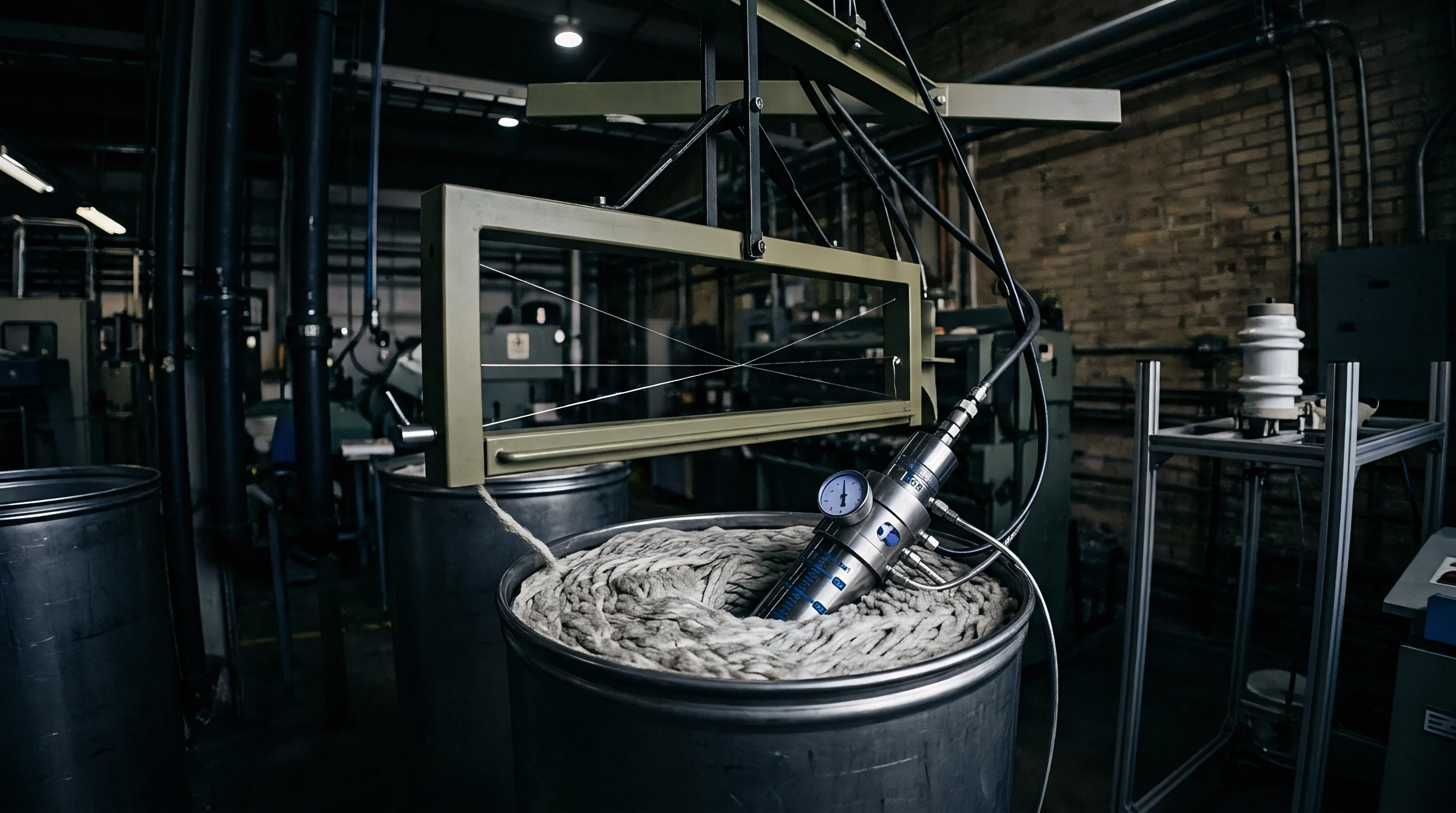 A stainless steel measurement probe with a pressure gauge sits inside a large metal bin filled with coiled textile roving.