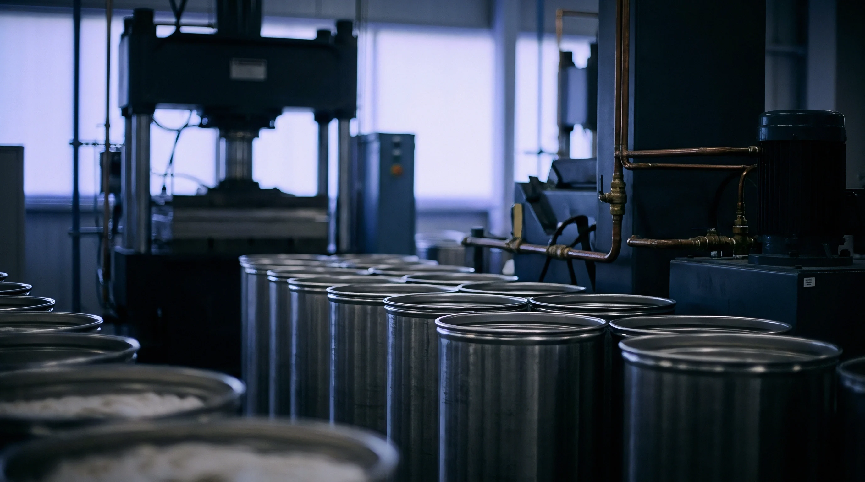 Stainless steel cylindrical canisters filled with white fibrous material stand lined up inside a heavy manufacturing facility.
