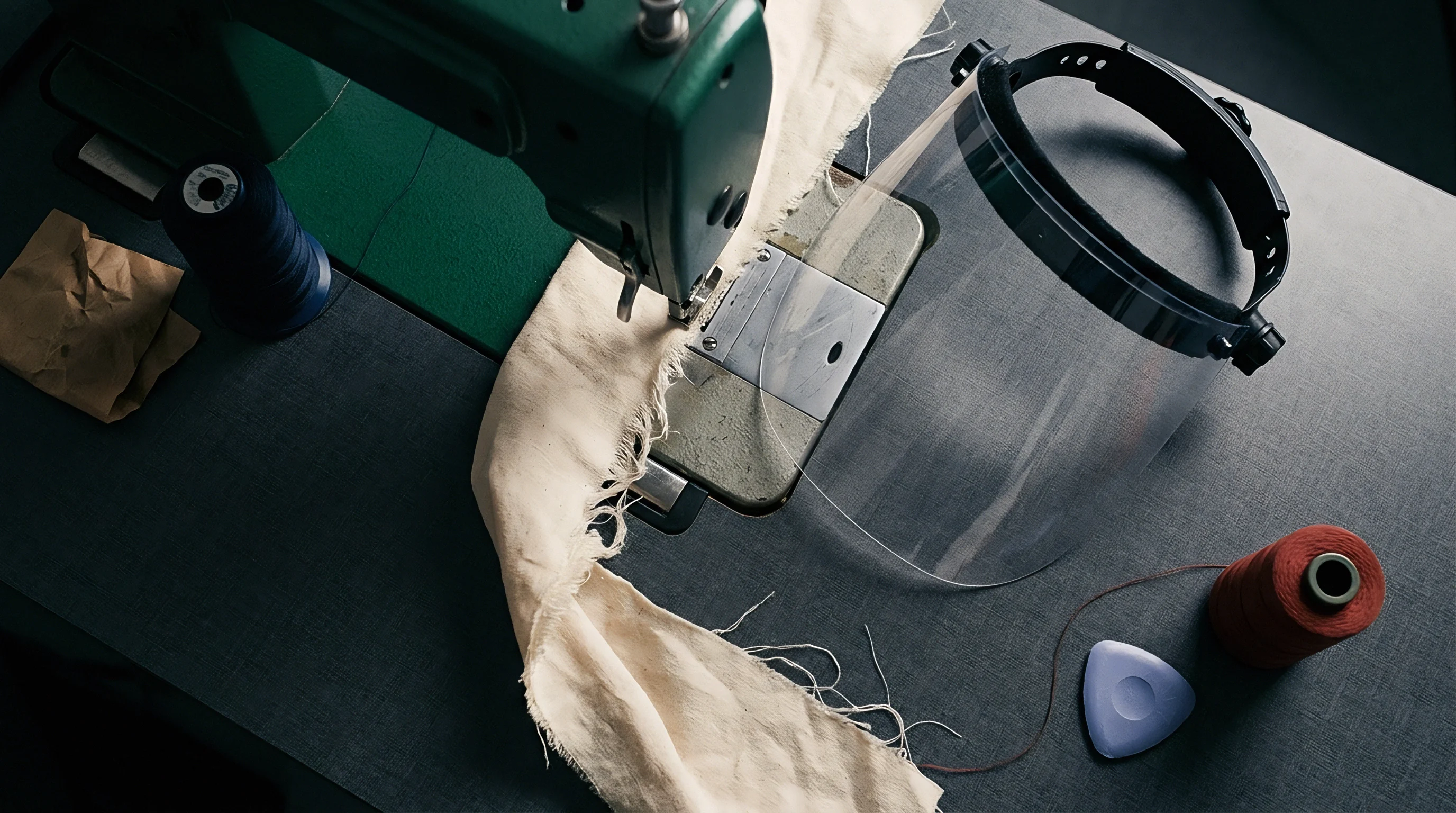 An industrial sewing machine stitches unbleached woven fabric beside a clear protective face shield and spools of thread on a workbench.