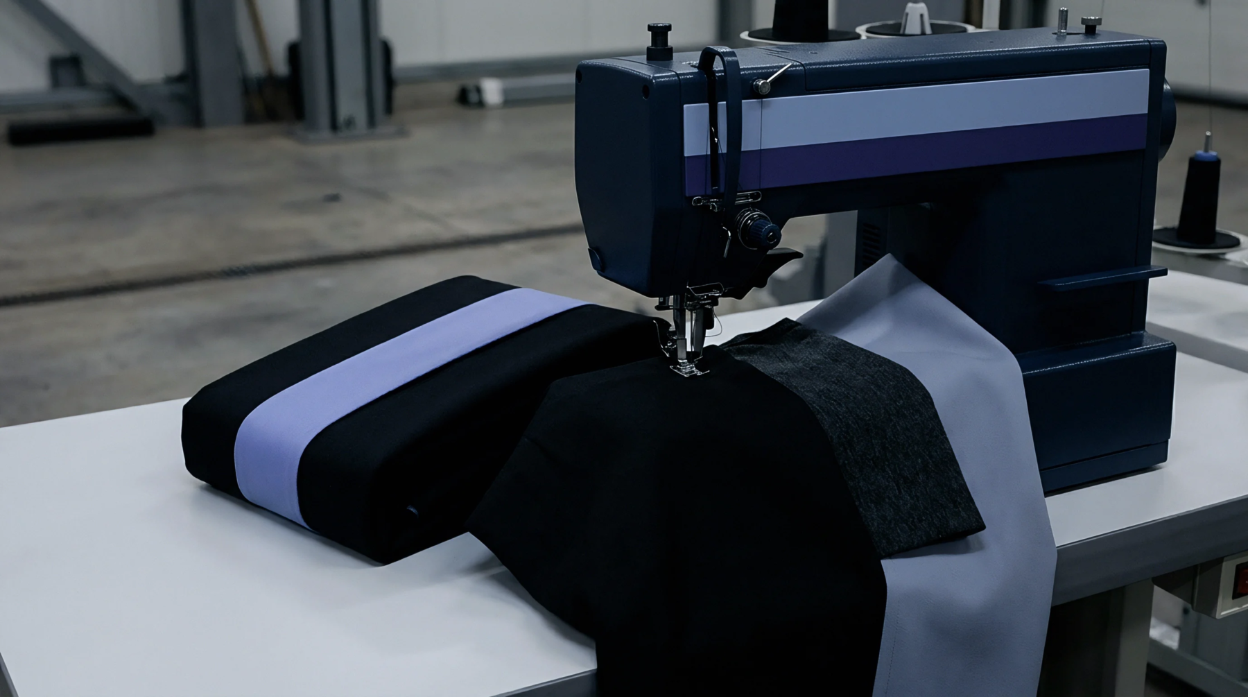 An industrial sewing machine aligns and stitches layered panels of dark and light synthetic fabric on a workshop table during apparel manufacturing.