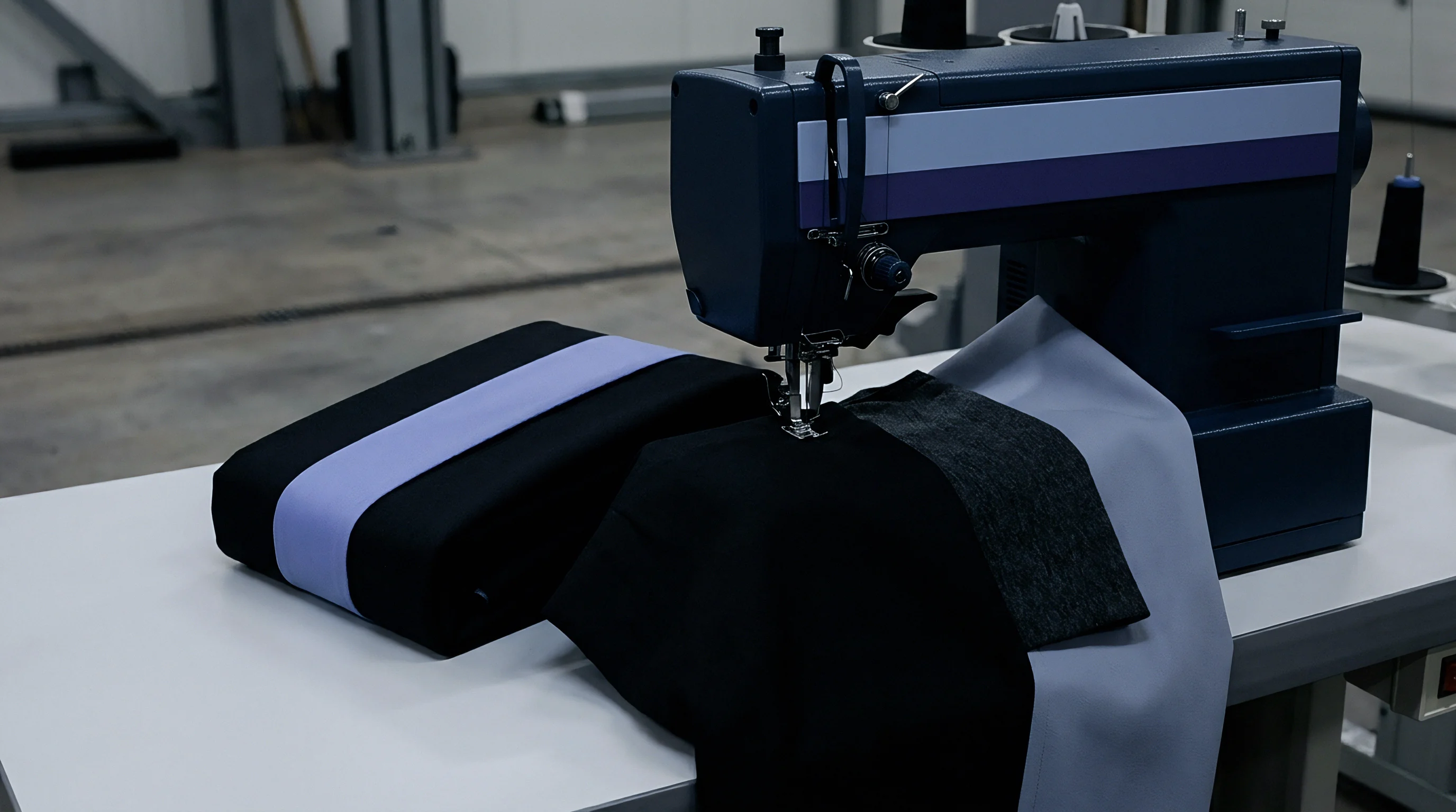 An industrial sewing machine aligns and stitches layered panels of dark and light synthetic fabric on a workshop table during apparel manufacturing.