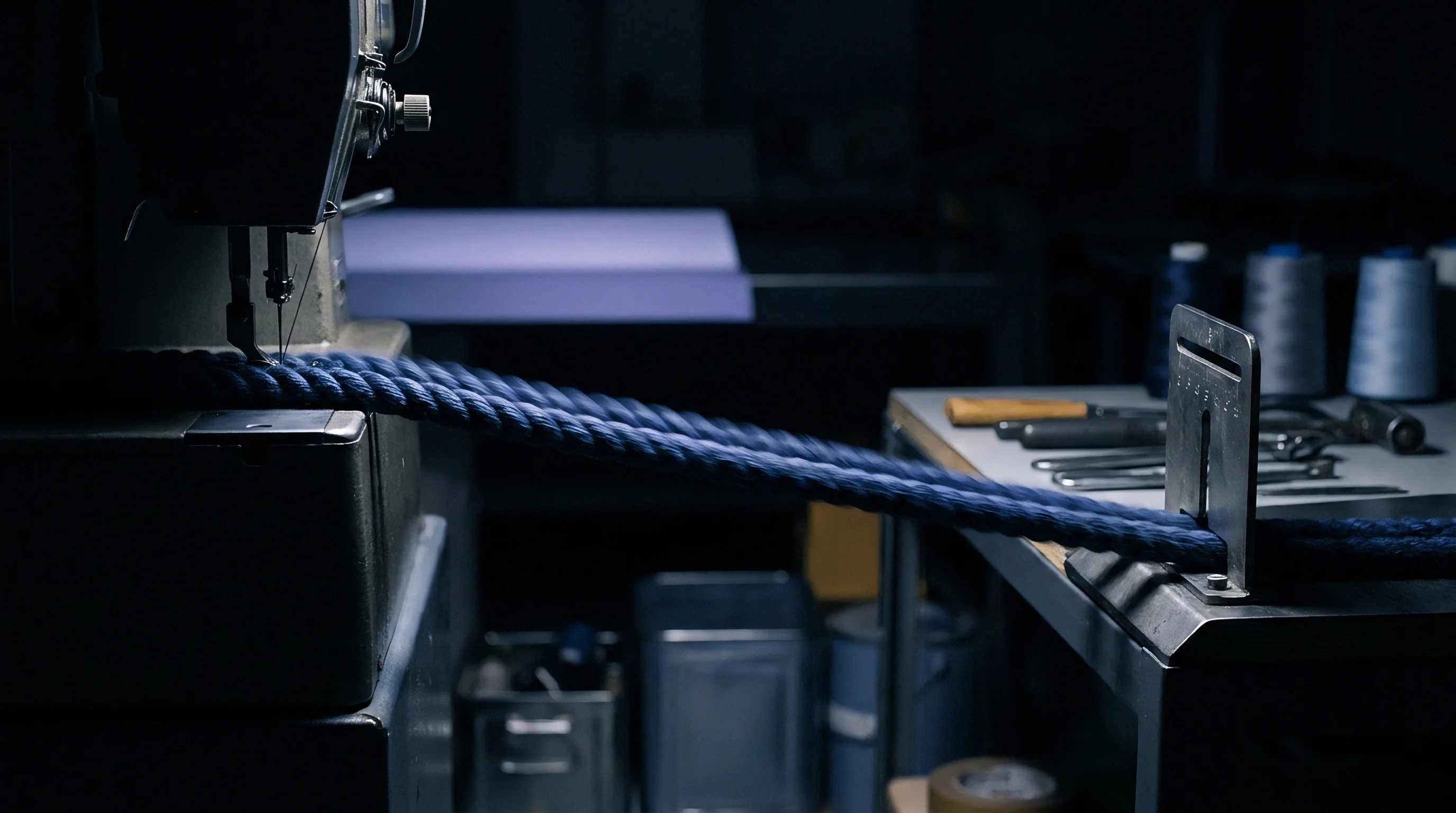 A heavy duty industrial sewing machine stitches a thick blue braided rope as it feeds through a metal guide on a workstation.