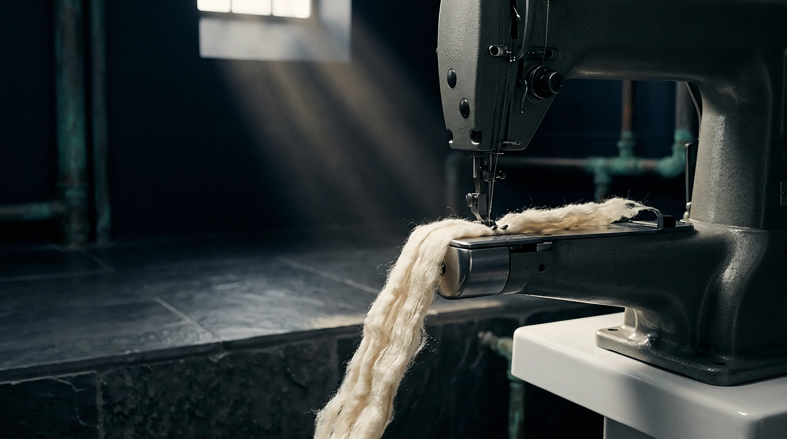A heavy grey industrial machine feeds a thick strand of cream raw fiber across its silver stitch plate in a dark workshop.