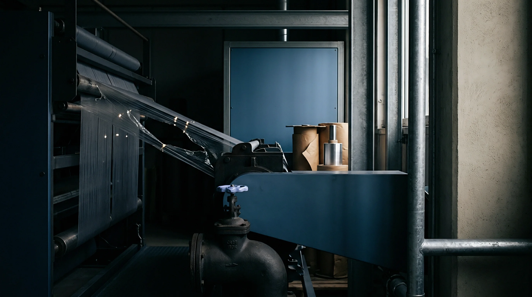 Heavy industrial machinery processes continuous polymer sheeting inside a dim manufacturing facility equipped with metal framework and pipes.