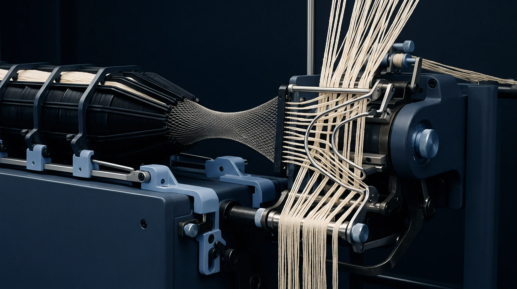 An industrial textile machine feeds multiple fibrous strands over a dark cylindrical core to create a uniform braided mesh sleeve in this digital render.