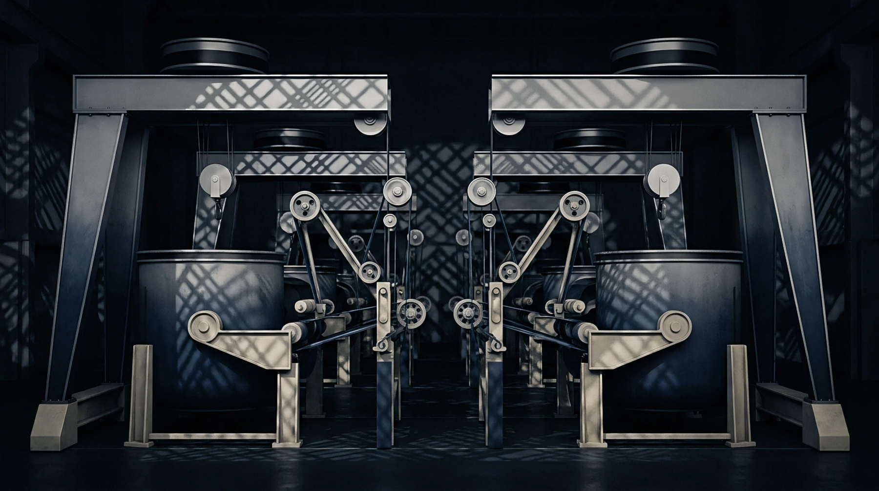 A digital render shows heavy steel dyeing vats and gantry machinery operating inside a dark industrial textile production facility.