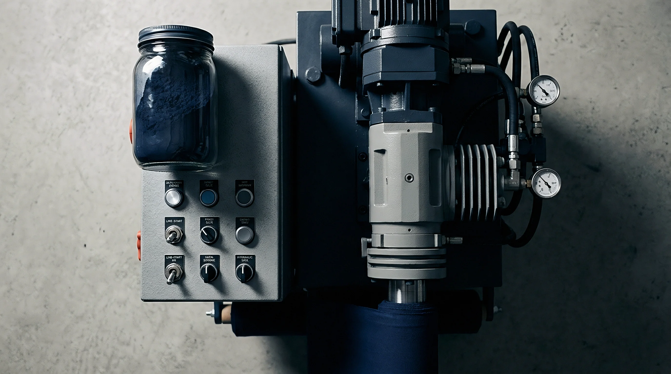 Industrial textile finishing equipment feeds dark blue fabric through rollers adjacent to a container filled with powdered pigment for the coloring process.