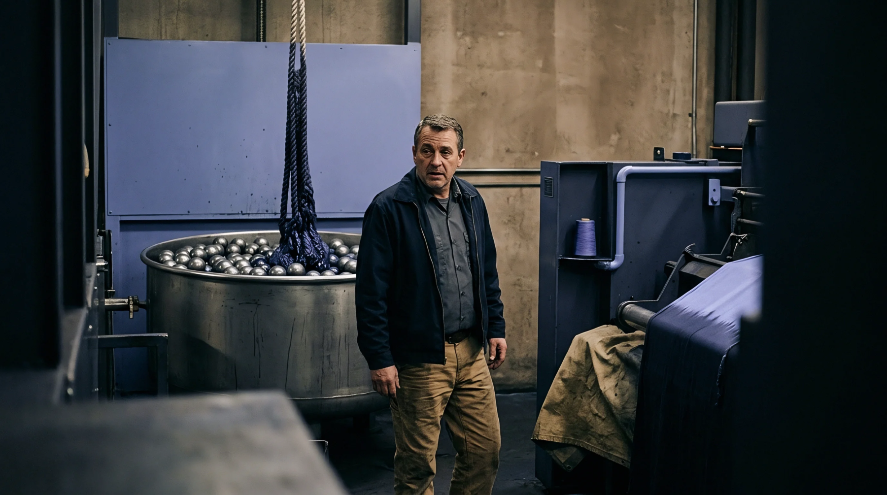 An operator observes an industrial textile finishing vessel containing heavy media balls while blue fabric undergoes a controlled processing cycle within the factory unit.