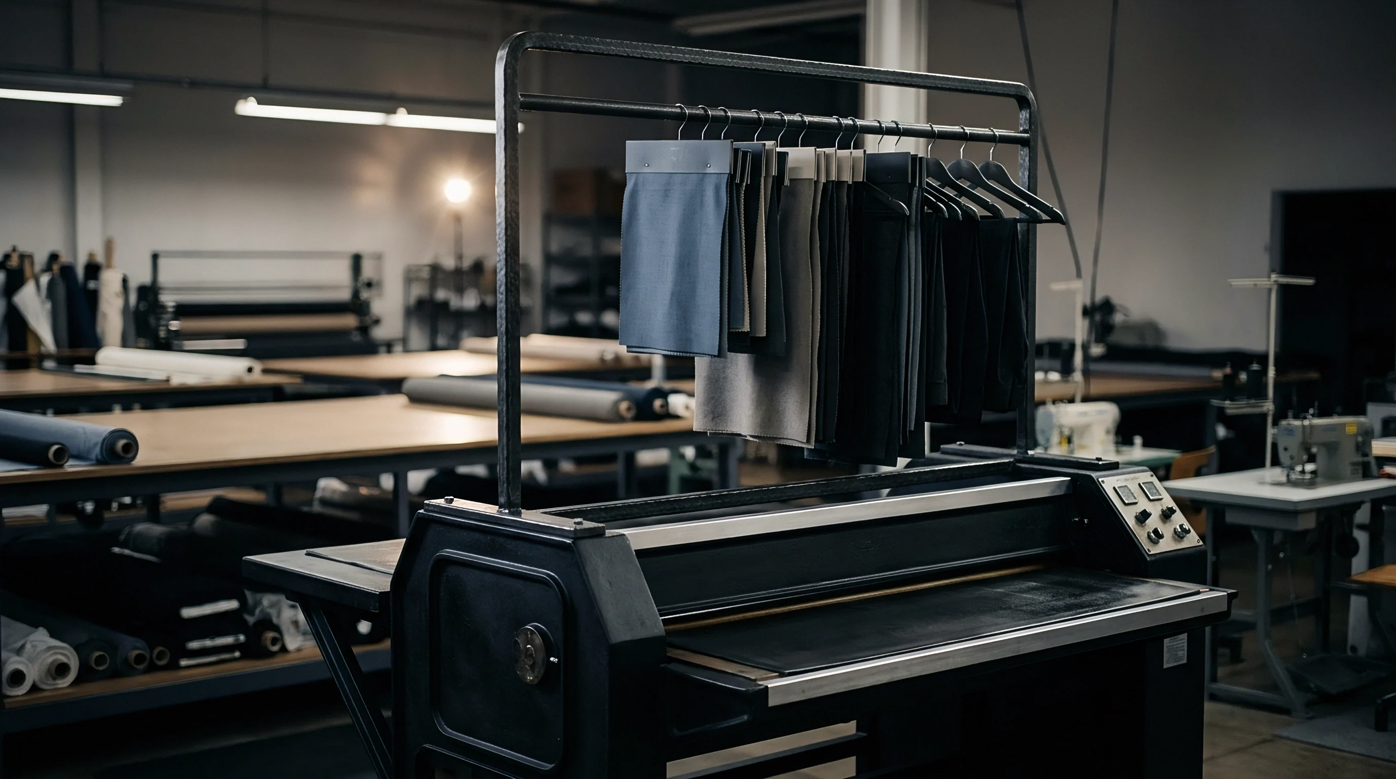 A series of wool textile swatches hang above an industrial garment fusing machine on a factory cutting floor near organized tables of fabric.