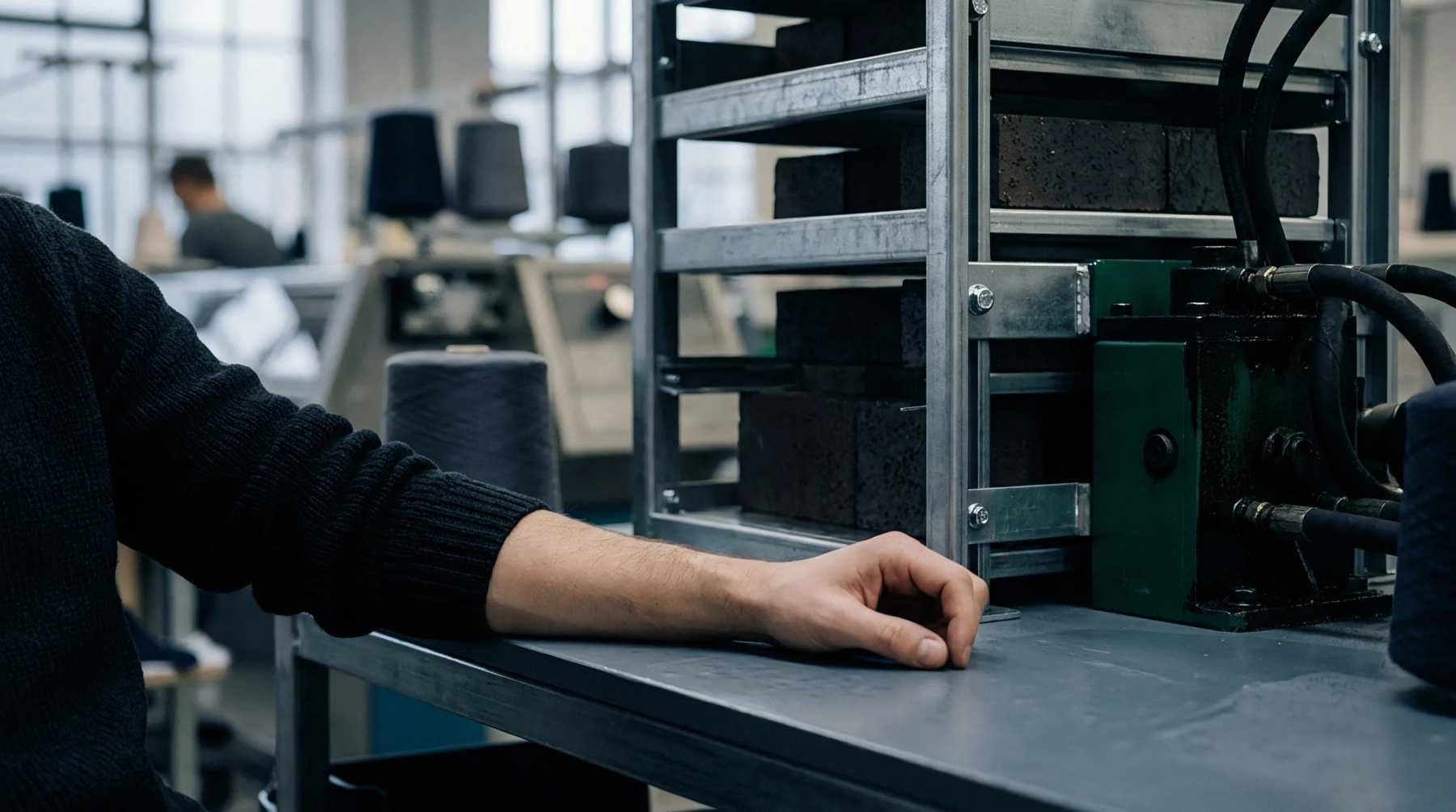 Worker arm rests on a metal table beside stacked dense blocks placed within a mechanical textile testing press.