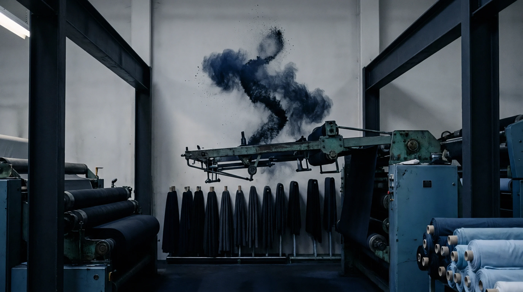 Heavy industrial looms and vertical dyed fabric rolls populate a textile manufacturing facility floor beneath a suspended dye dust plume.