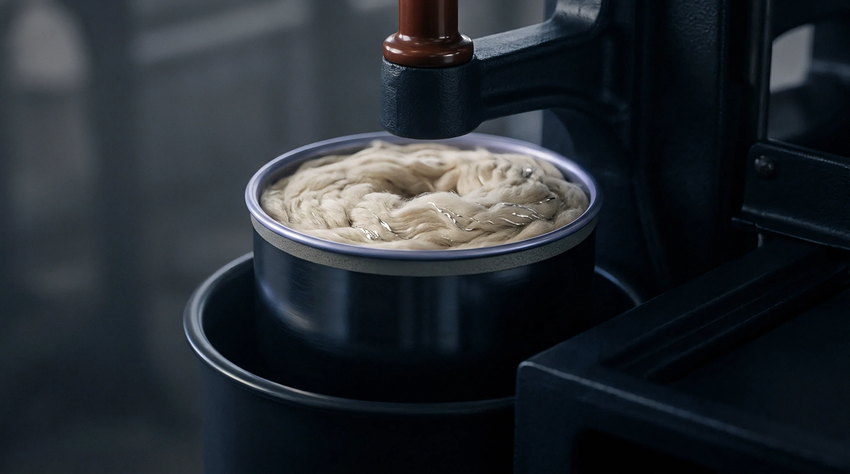 Coiled fibrous material feeds into a dark cylindrical container beneath heavy industrial machinery inside a textile production facility.